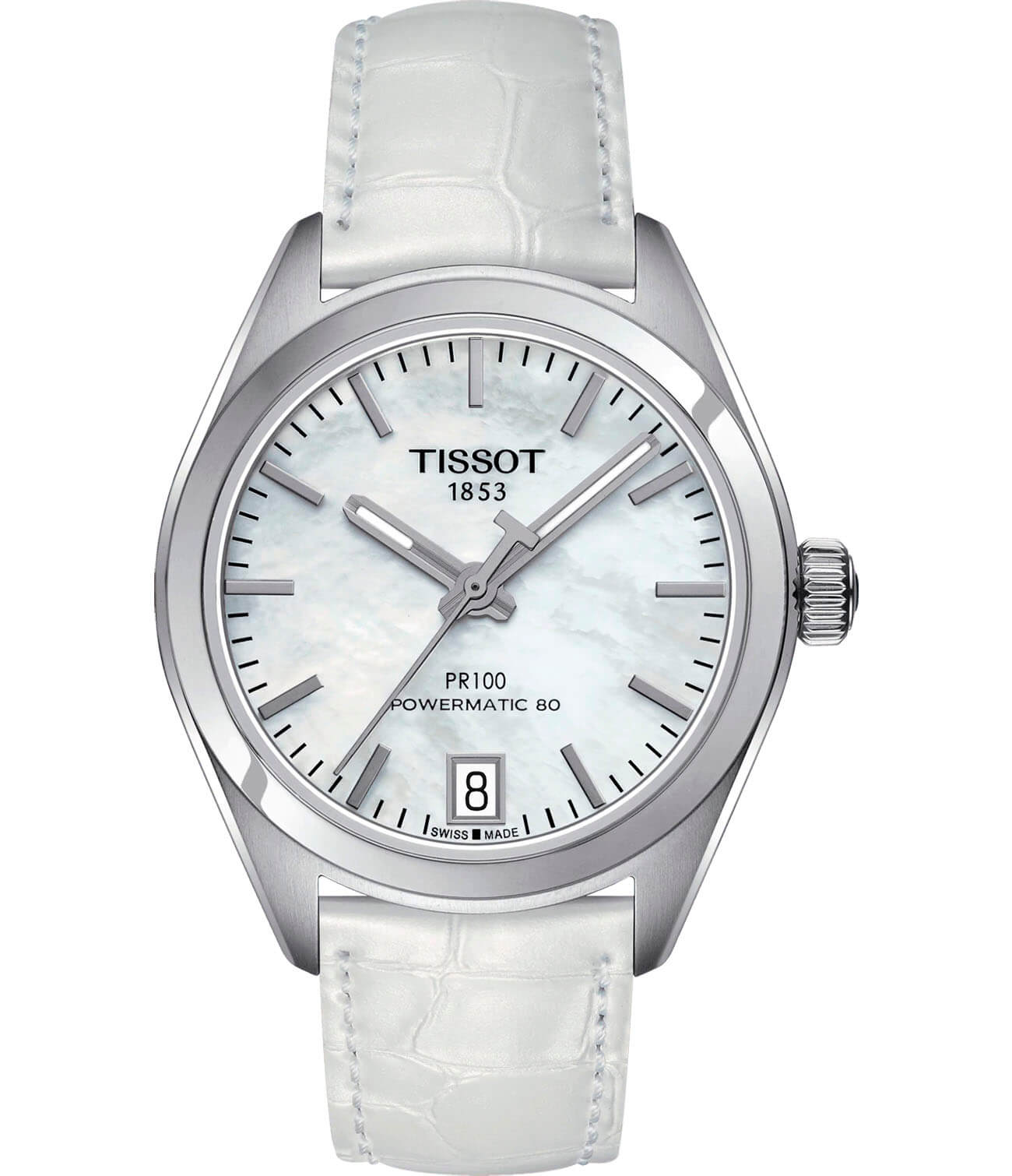 Tissot Tissot PR 100 Powermatic 80 Lady T101.207.16.111.00 PR 100 T1012071611100 механические женские часы белый циферблат, браслет кожаный — вид спереди