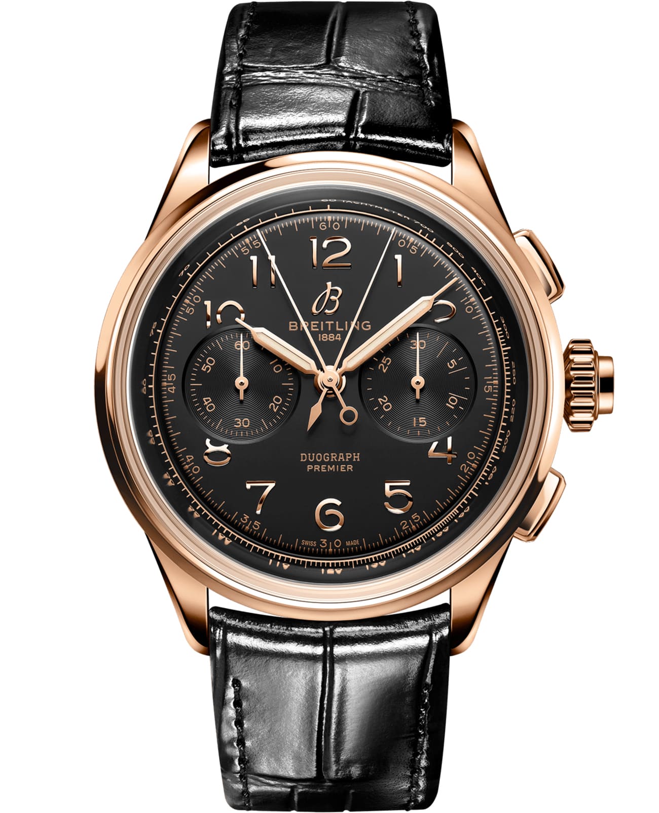 Breitling Breitling Premier B15 Duograph 42 RB1510251B1P1  RB1510251B1P1 механические мужские часы черный циферблат, браслет кожаный — вид спереди