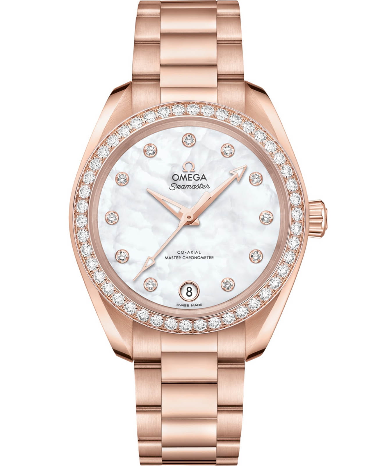 Omega Omega Seamaster Aqua Terra 220.55.34.20.55.001 Aqua Terra 22055342055001 механические женские часы белый циферблат, браслет 18-каратное красное золото — вид спереди