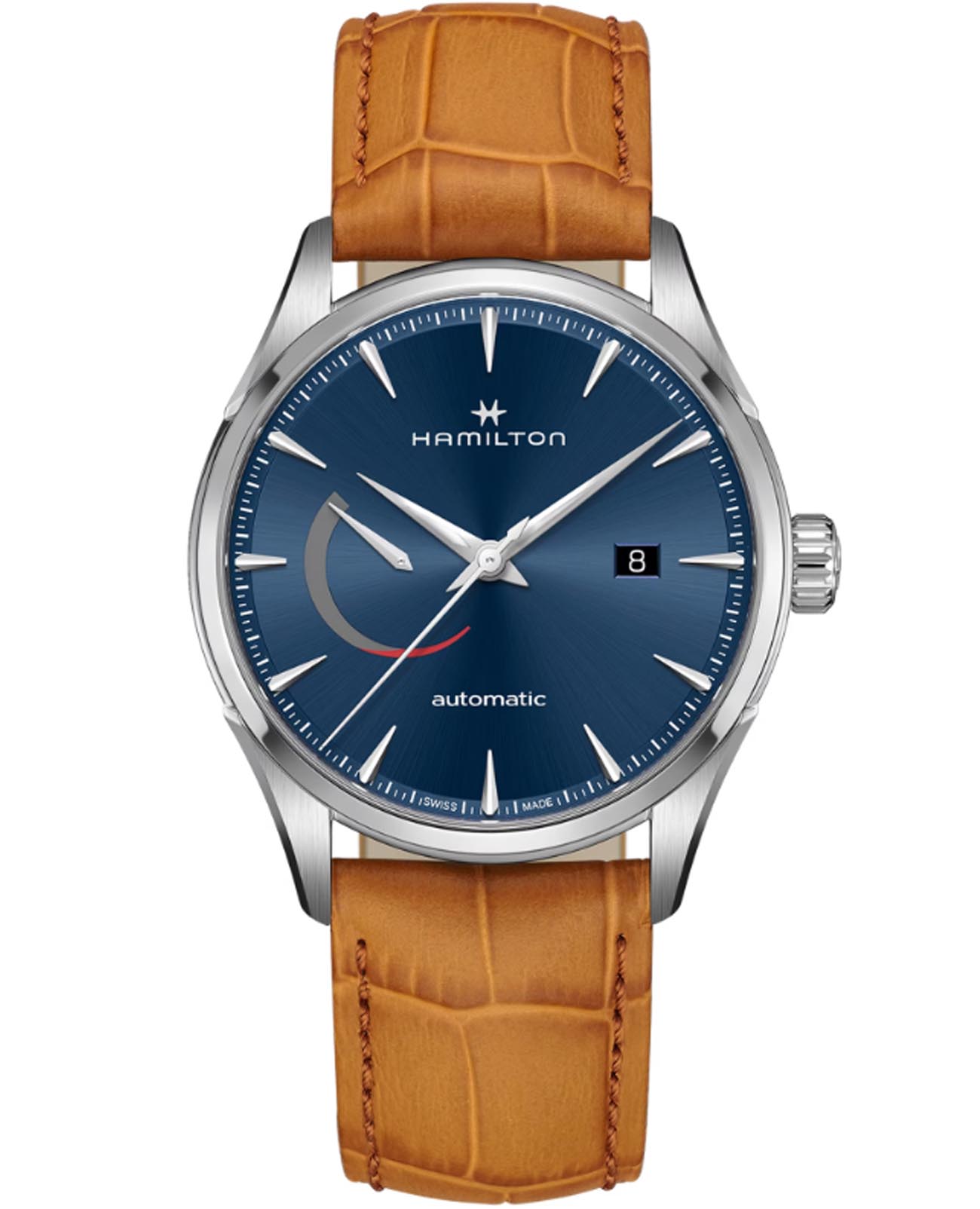 Hamilton Hamilton Jazzmaster Power Reserve Auto H32635541  H32635541 механические мужские часы синий циферблат, браслет кожаный — вид спереди