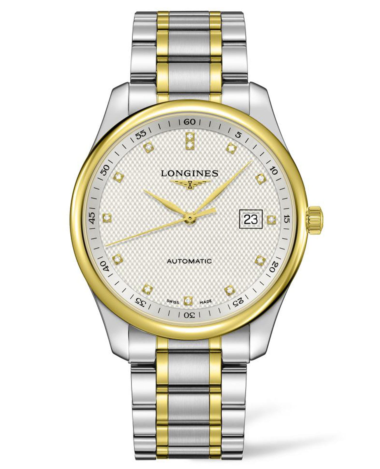 Longines Longines Master Collection L2.893.5.97.7  L28935977 механические мужские часы серебристый циферблат, браслет нержавеющая сталь + золото 18к — вид спереди