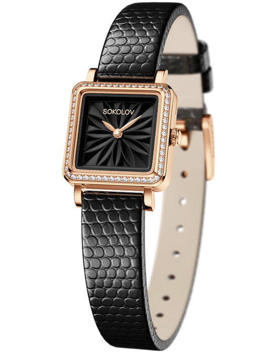 Sokolov 232.01.00.001.04.01.2  232.01.00.001.04.01.2 кварцевые женские часы черный циферблат, браслет кожаный — вид спереди