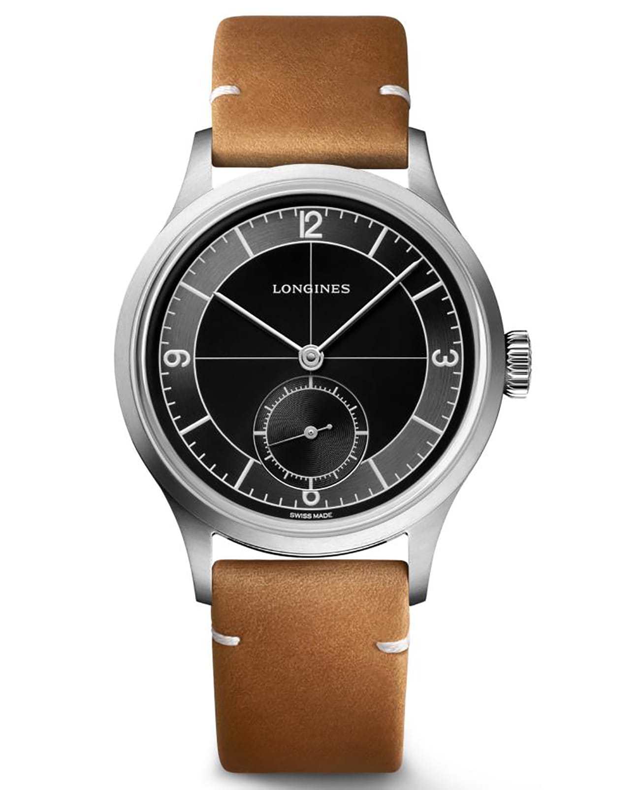 Longines Longines Heritage Classic L2.828.4.53.2  L28284532 механические мужские часы черный циферблат, браслет кожаный — вид спереди