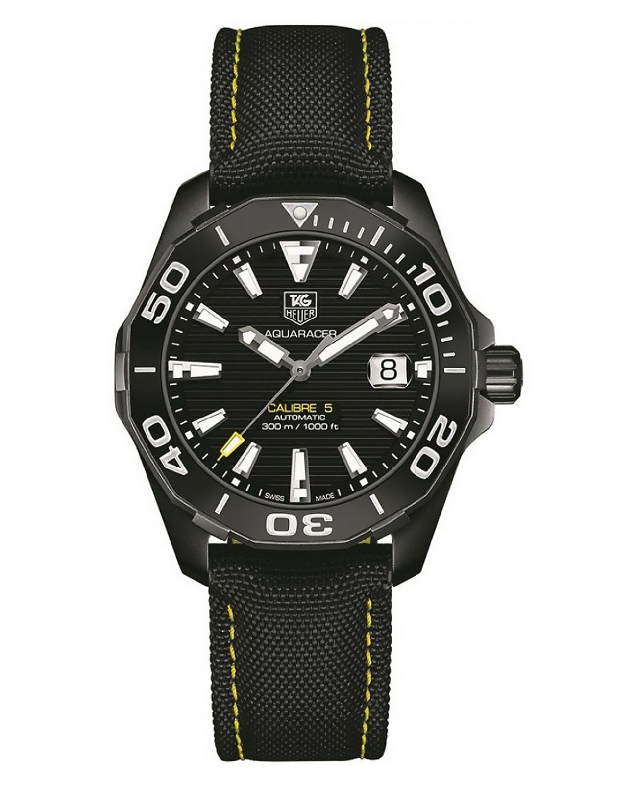 TAG Heuer TAG Heuer Aquaracer WAY218A.FC6362  WAY218A.FC6362 механические мужские часы черный циферблат, браслет нейлон — вид спереди
