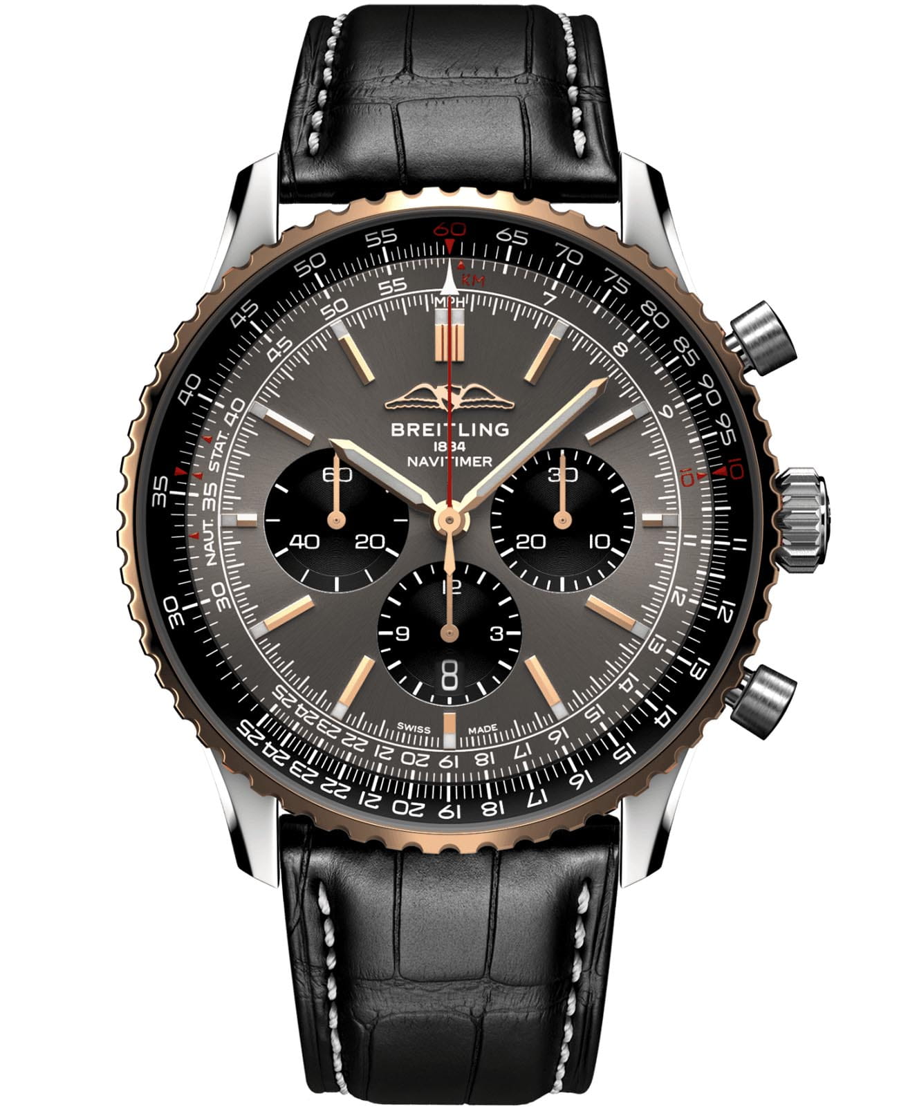 Breitling Breitling Navitimer B01 Chronograph 41 UB01371A1B1P1  UB01371A1B1P1 механические мужские часы серый циферблат, браслет кожаный — вид спереди