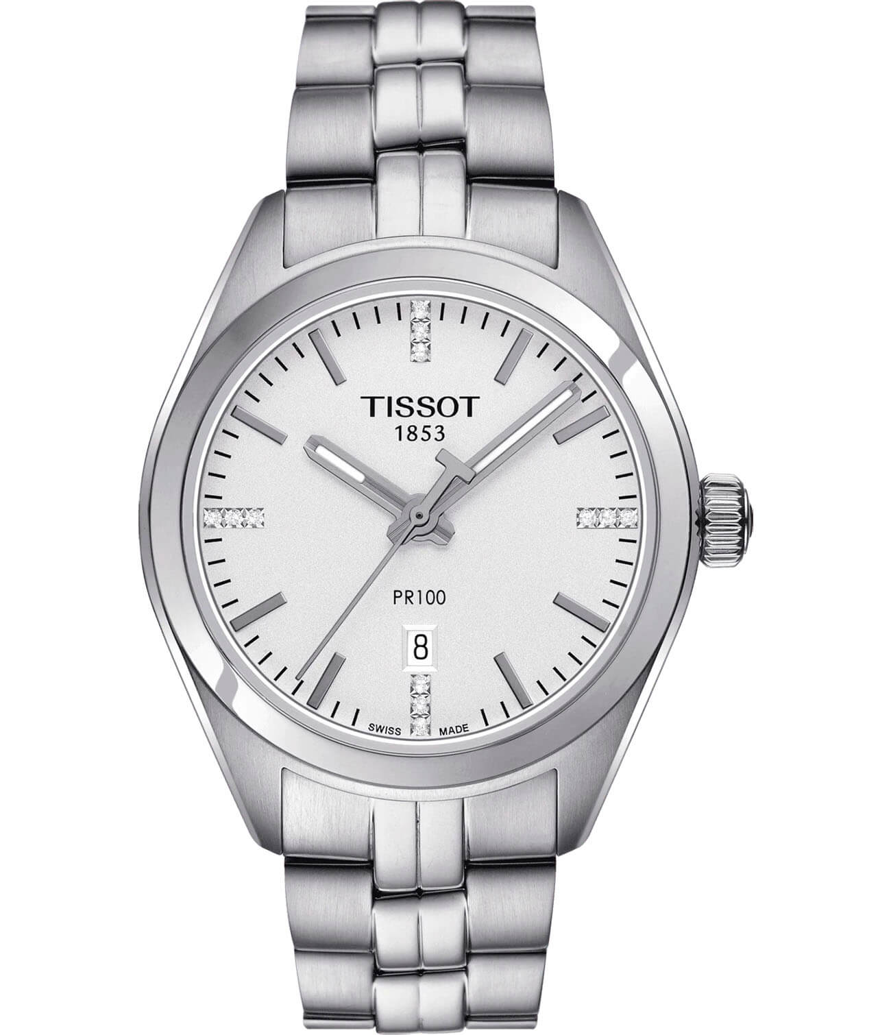 Tissot Tissot PR 100 Lady T101.210.11.036.00 PR 100 T1012101103600 кварцевые женские часы белый циферблат, браслет нержавеющая сталь — вид спереди