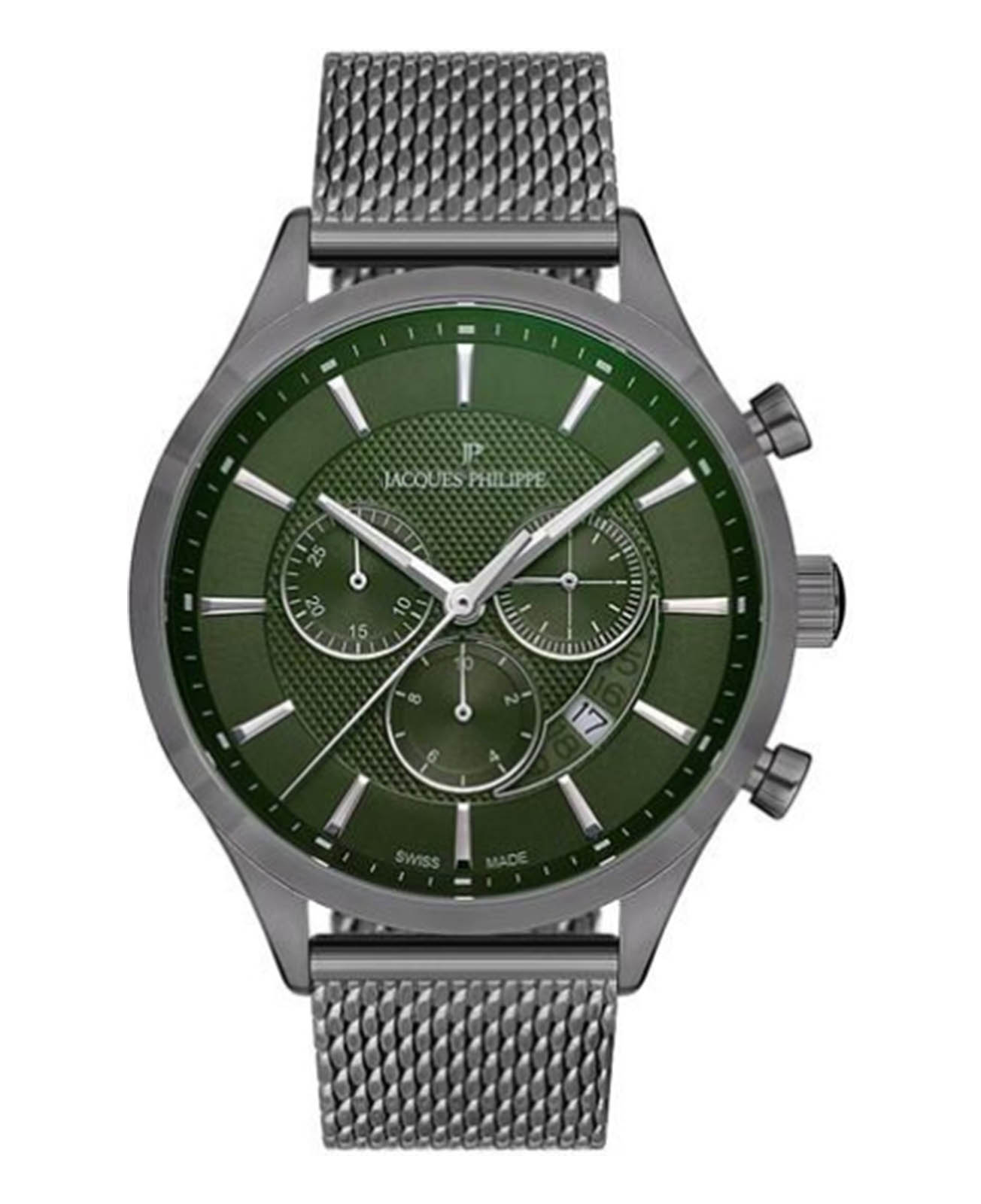Jacques Philippe Jacques Philippe Gallant JPQGC0382X7  JPQGC0382X7 кварцевые мужские часы зеленый циферблат, браслет сталь с ip покрытием — вид спереди
