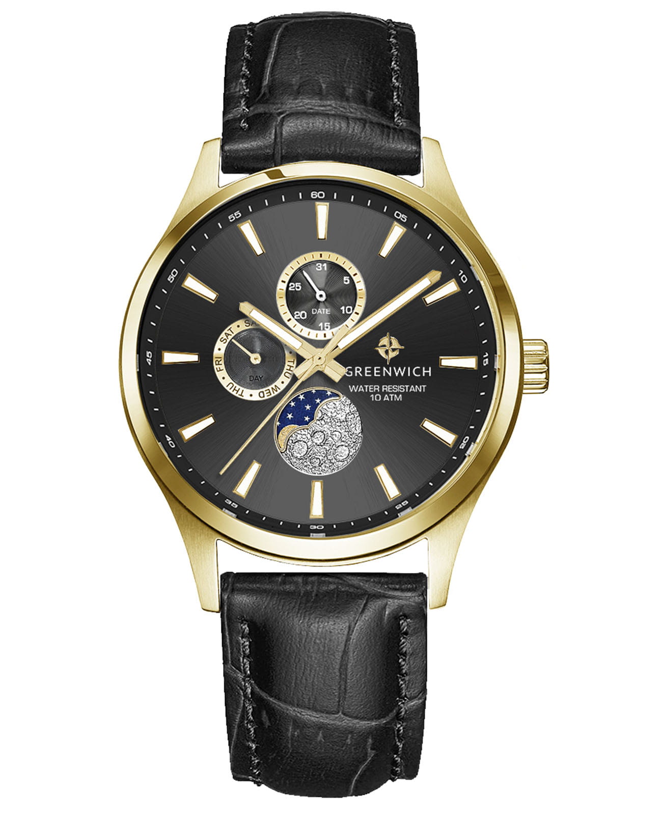 Greenwich Greenwich Moon Walker GW 058.21.31  GW 058.21.31 кварцевые мужские часы черный циферблат, браслет кожаный — вид спереди