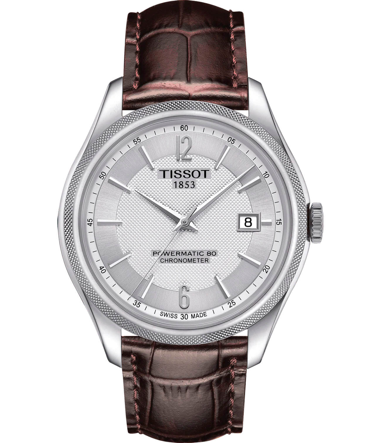 Tissot Tissot Ballade Powermatic 80 COSC T108.408.16.037.00 Ballade T1084081603700 механические мужские часы серебристый циферблат, браслет кожаный — вид спереди