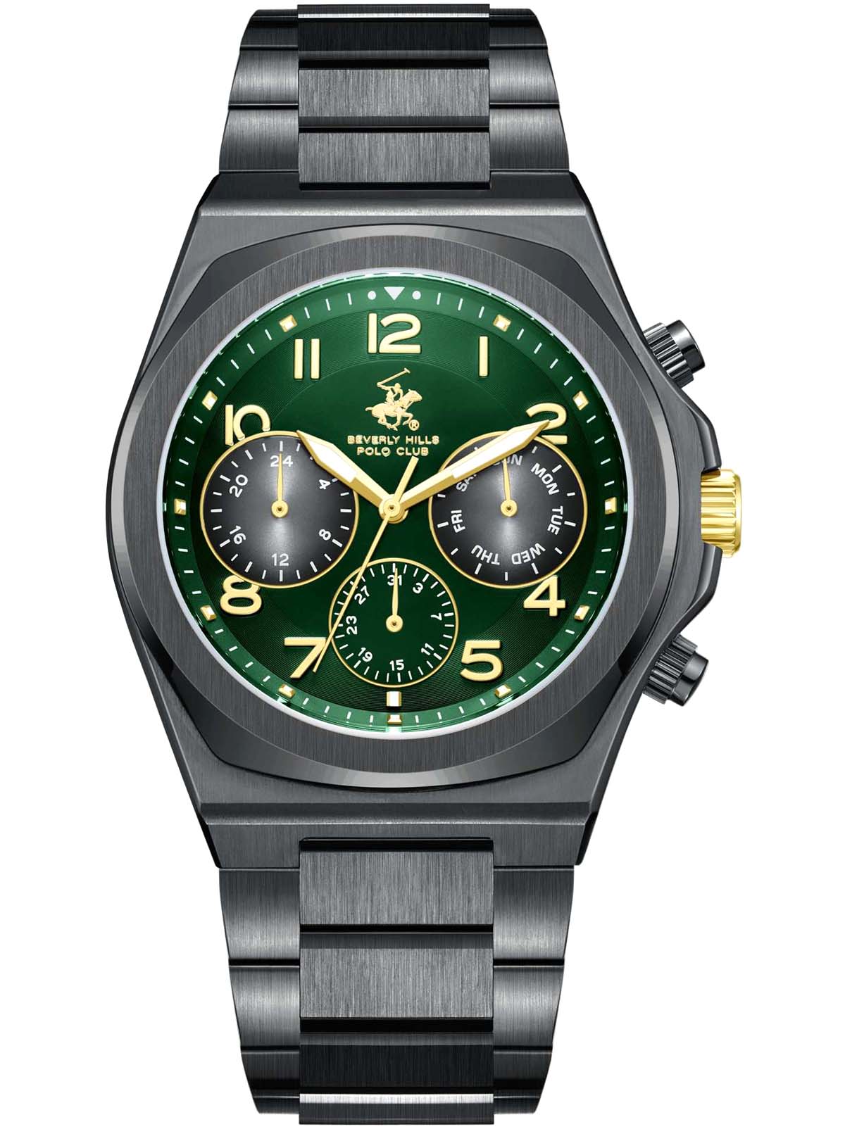 Beverly Hills Polo Club Beverly Hills Polo Club BP3777X.670  BP3777X.670 кварцевые мужские часы зеленый циферблат, браслет нержавеющая сталь с ip-покрытием — вид спереди