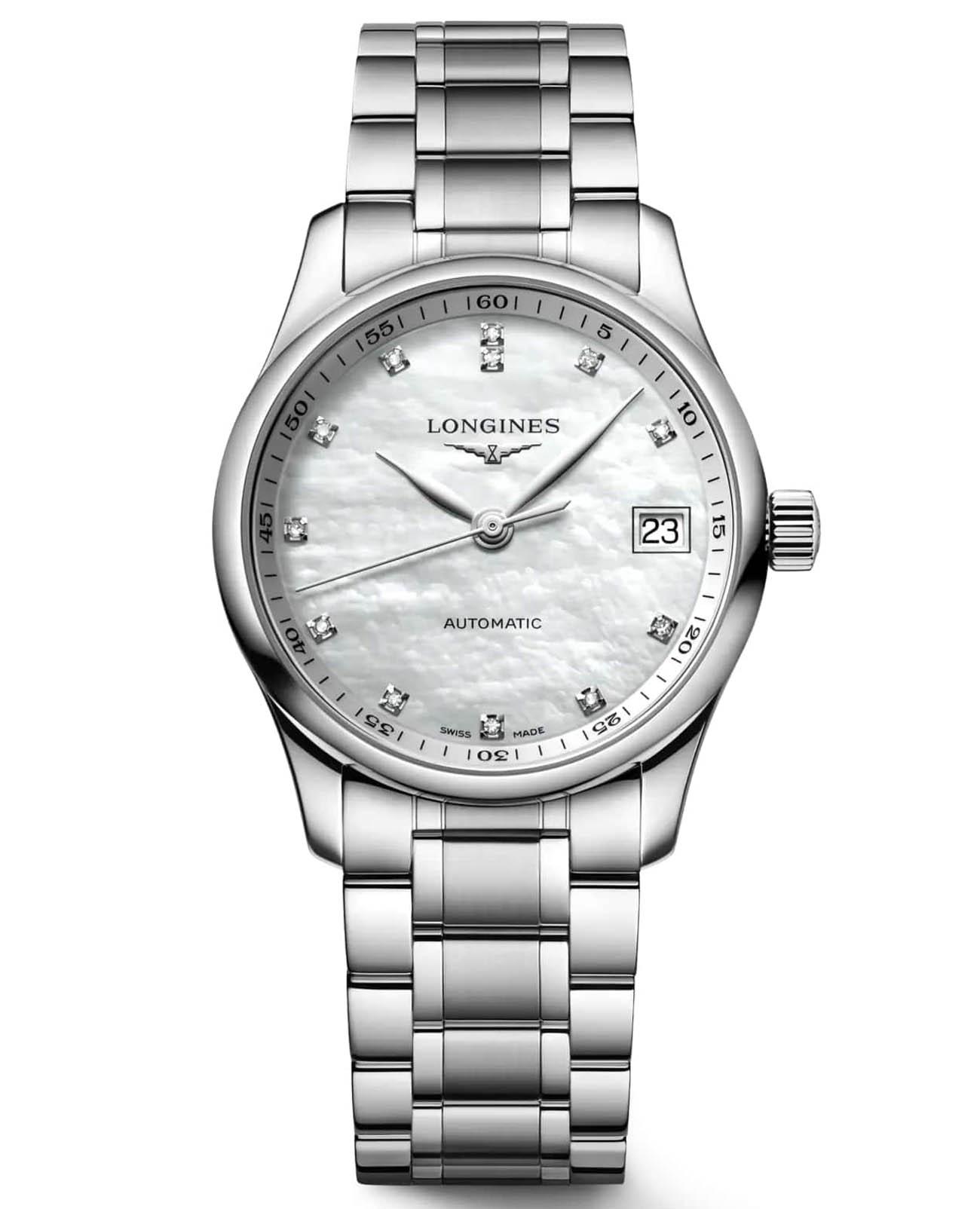 Longines Longines Master Collection L2.357.4.87.6  L23574876 механические женские часы перламутровый циферблат, браслет нержавеющая сталь — вид спереди