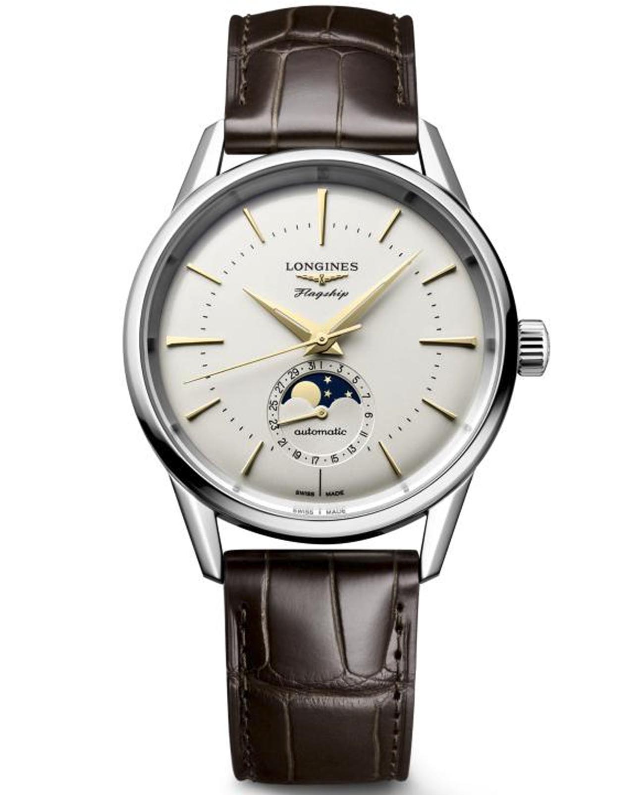 Longines Longines Flagship Heritage L4.815.4.78.2  L48154782 механические мужские часы белый циферблат, браслет кожаный — вид спереди