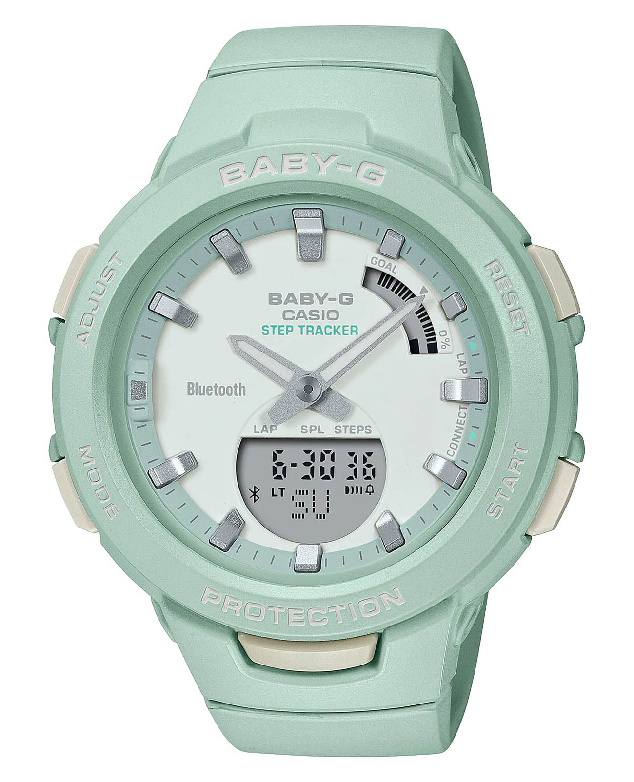 Casio Casio Baby-G BSA-B100CS-3A  BSA-B100CS-3A кварцевые женские часы бирюзовый циферблат, браслет пластик — вид спереди