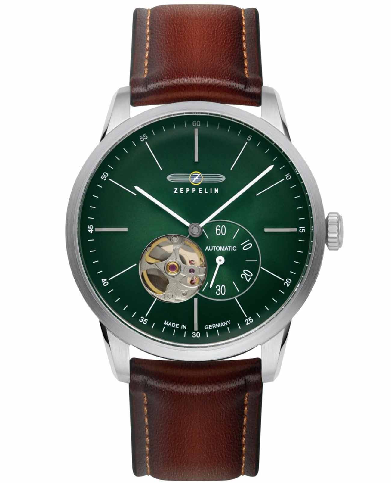 Zeppelin Zeppelin Flatline 83644  83644 механические мужские часы зеленый циферблат, браслет кожаный — вид спереди
