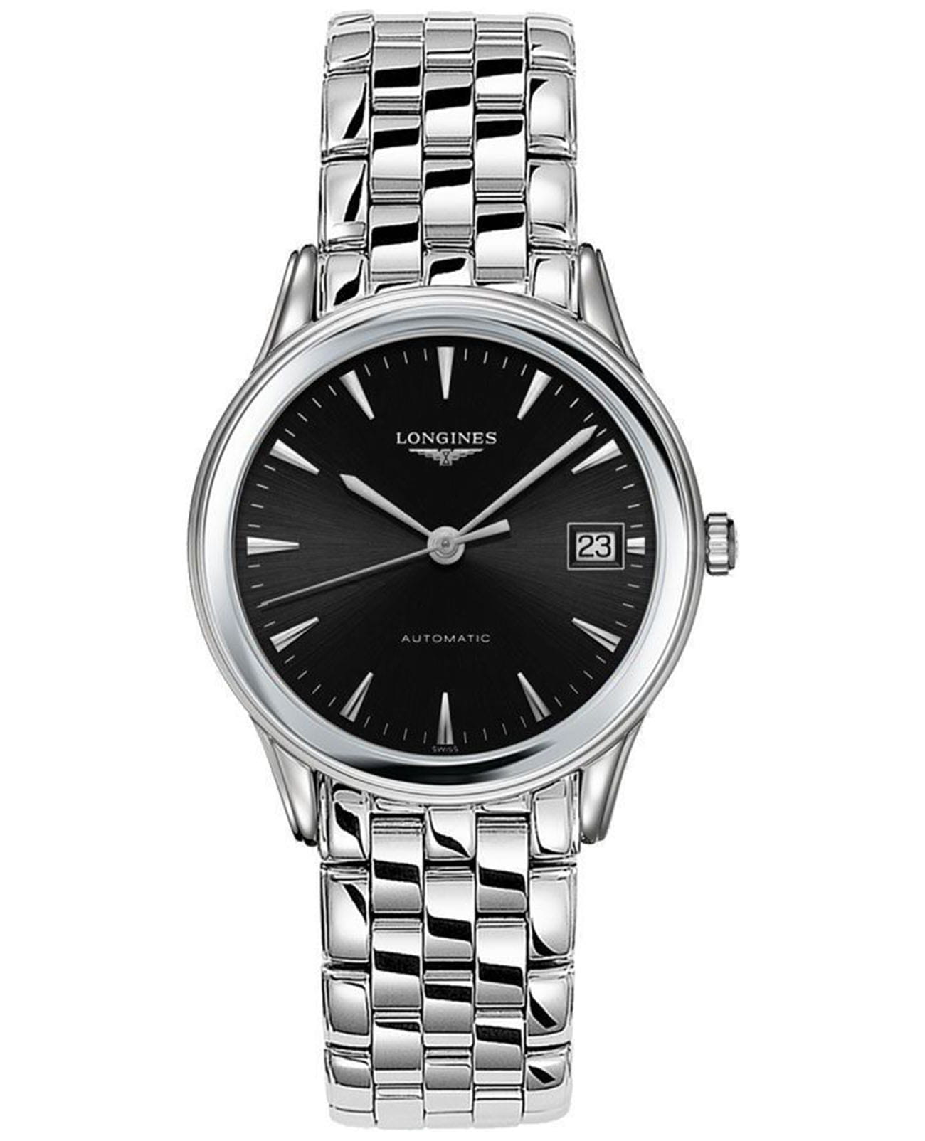 Longines Longines Flagship L4.774.4.52.6  L47744526 механические мужские часы черный циферблат, браслет нержавеющая сталь — вид спереди