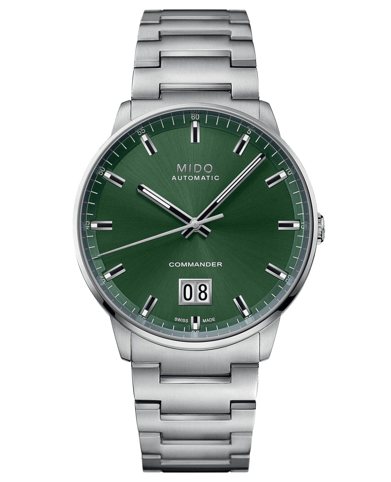 Mido Mido Commander Big Date M021.626.11.091.00  M0216261109100 механические мужские часы зеленый циферблат, браслет нержавеющая сталь — вид спереди