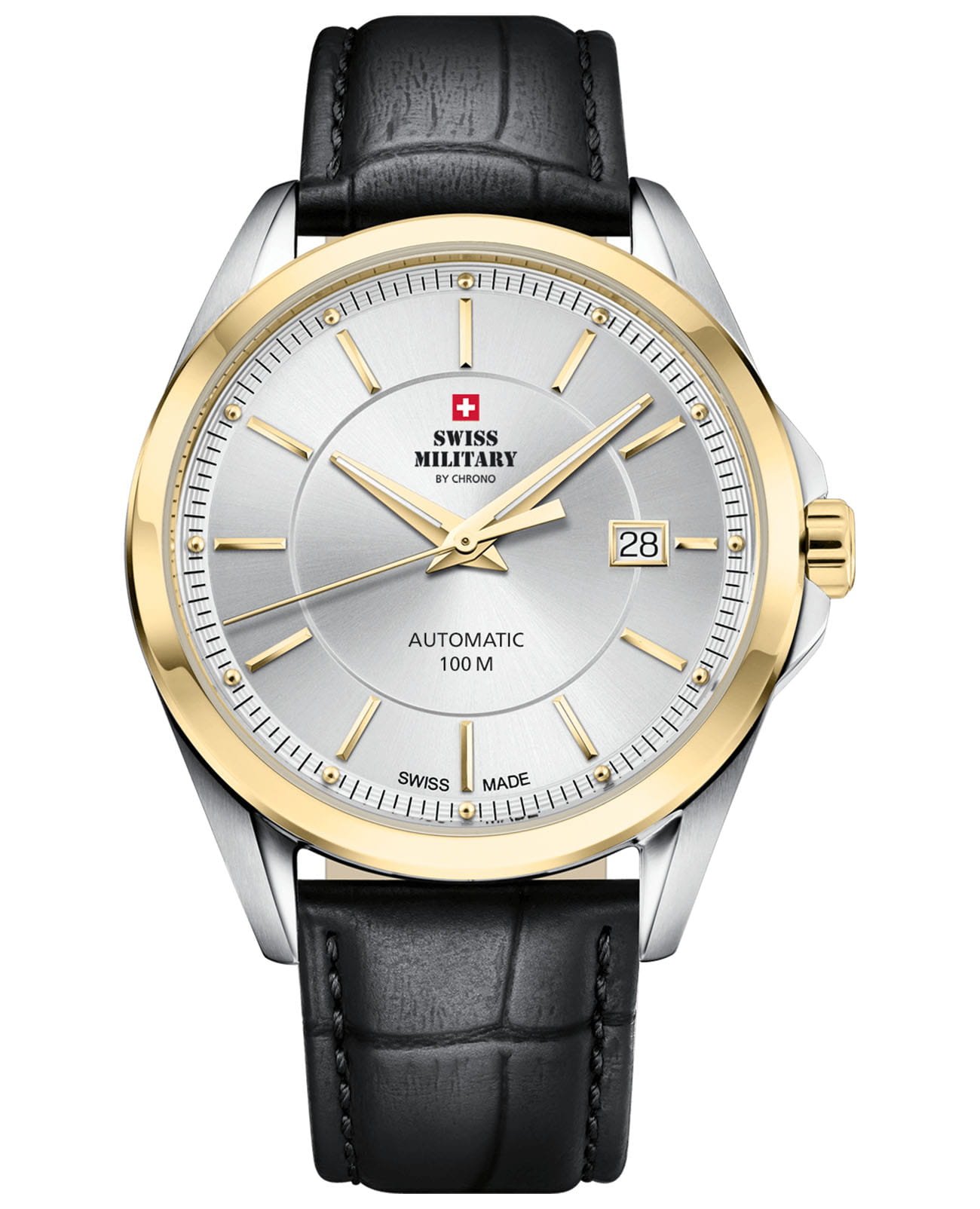 Swiss Military by Chrono Swiss Military by Chrono Automatic Collection SMA34085.16  SMA34085.16 механические мужские часы серебристый циферблат, браслет кожаный — вид спереди
