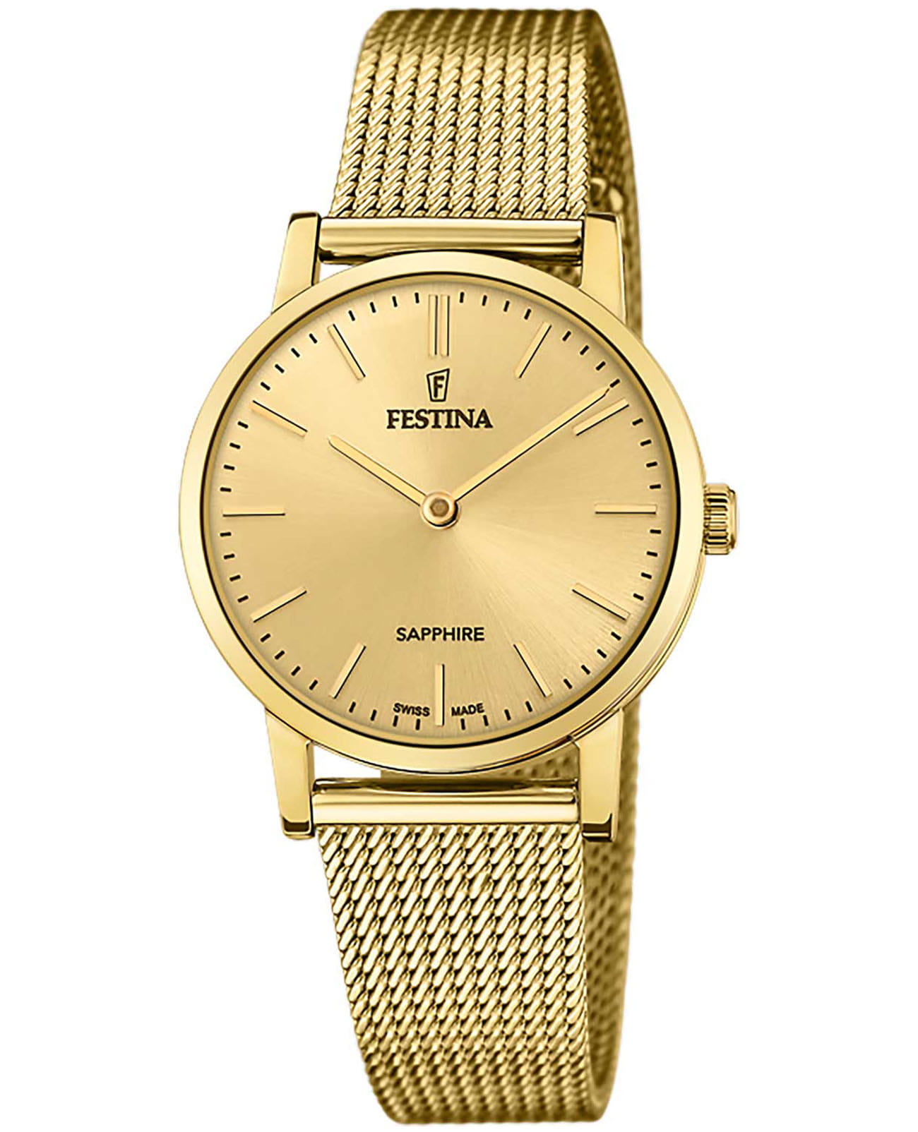 Festina Festina Swiss Made F20023/2  F20023/2 кварцевые женские часы золотой циферблат, браслет нержавеющая сталь с pvd-покрытием — вид спереди