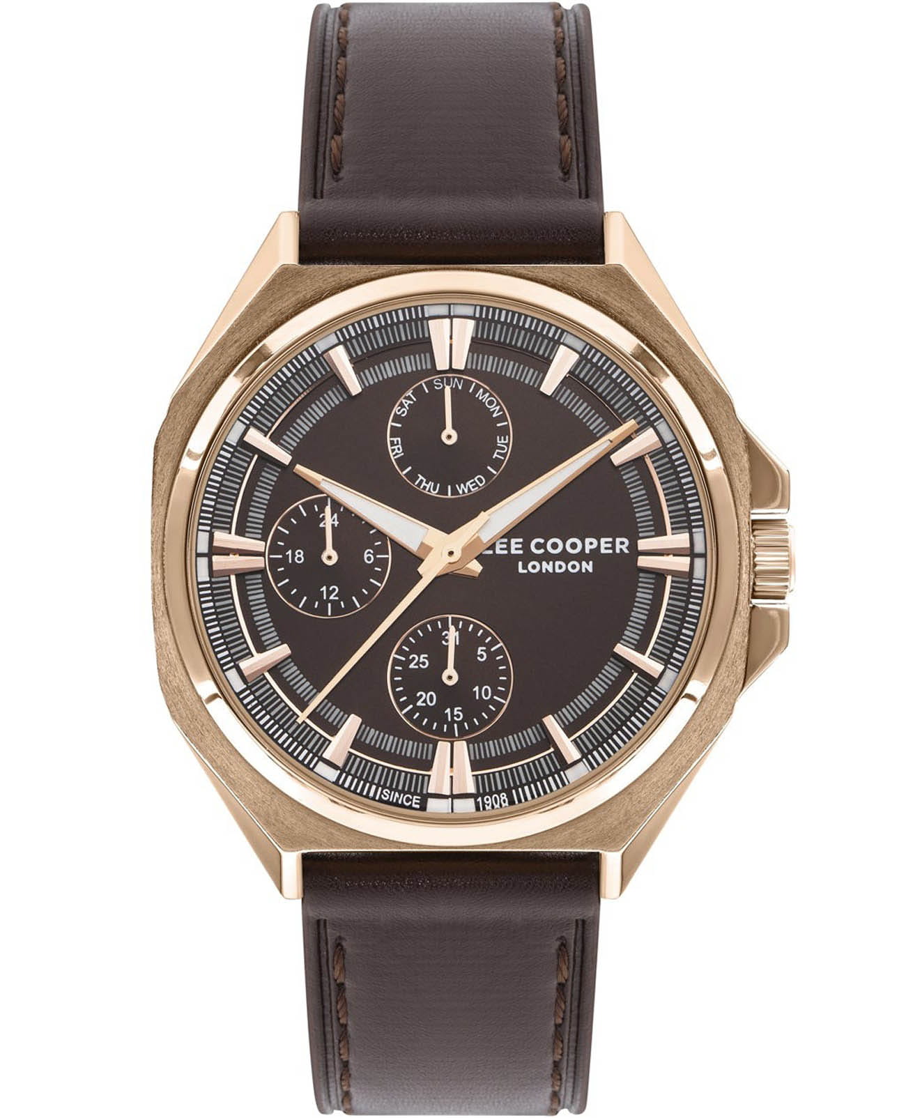 Lee Cooper Lee Cooper LC07568.442  LC07568.442 кварцевые мужские часы коричневый циферблат, браслет кожаный — вид спереди