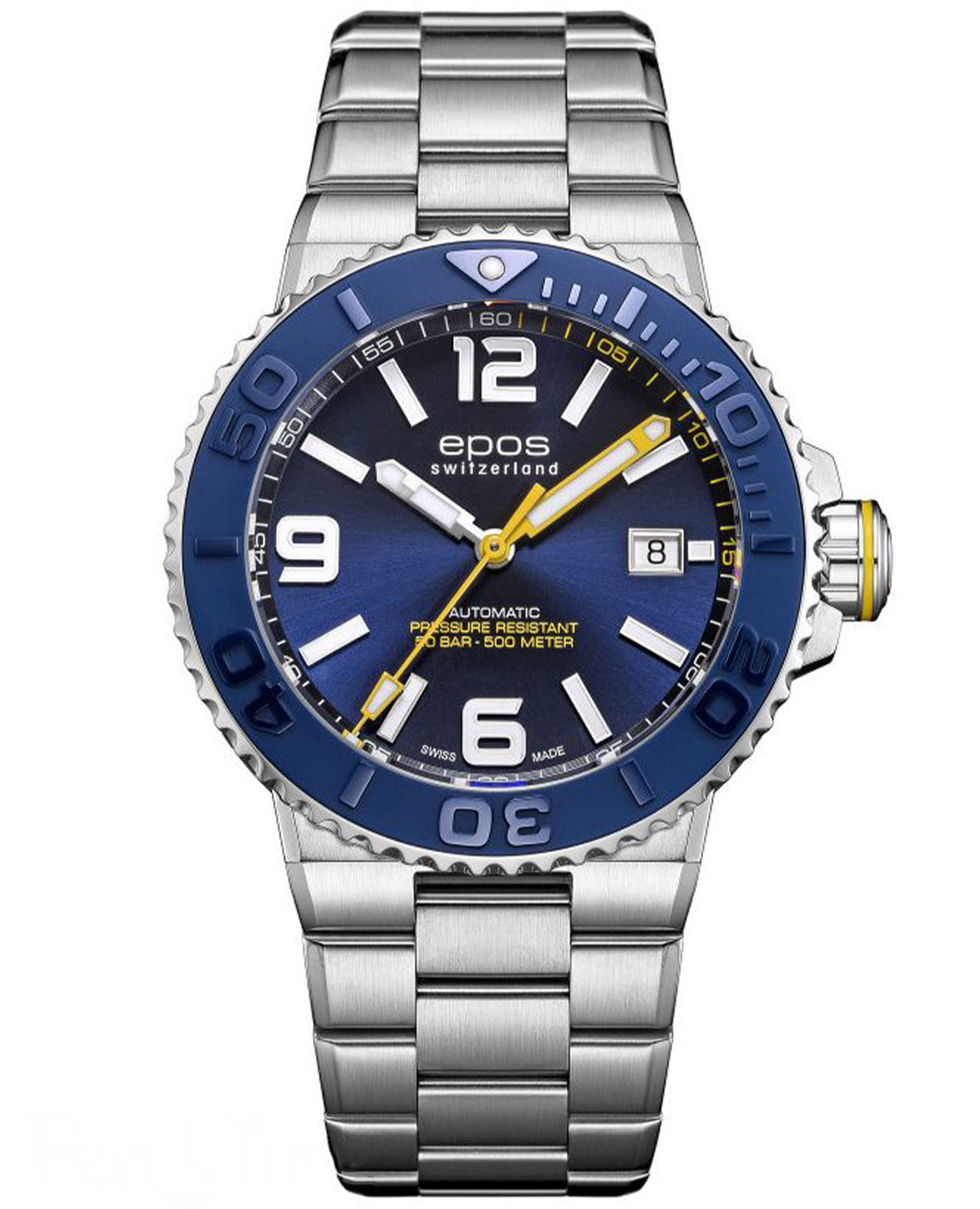 Epos Epos Diver 3441.131.96.56.30  3441.131.96.56.30 механические мужские часы синий циферблат, браслет нержавеющая сталь — вид спереди