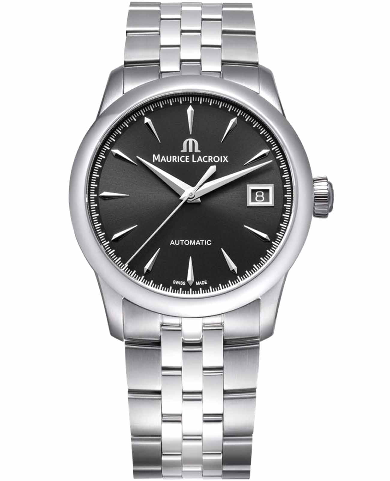 Maurice Lacroix Maurice Lacroix 1975 756007-SS002-330-1  756007-SS002-330-1 механические мужские часы черный циферблат, браслет нержавеющая сталь — вид спереди