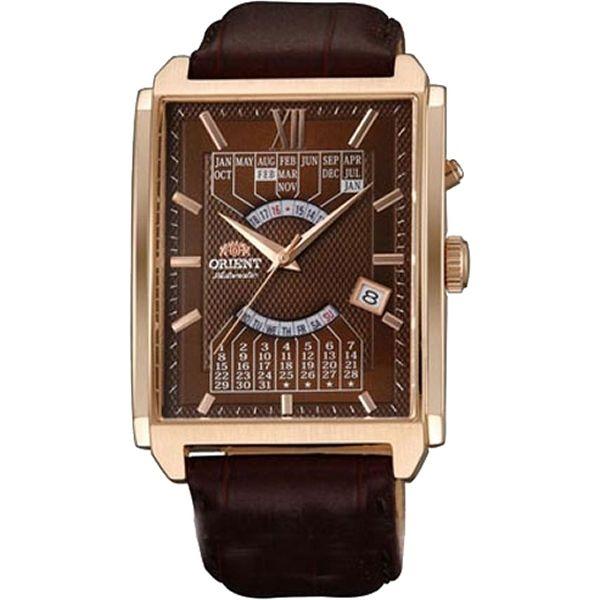 Orient Orient EUAG001T (FEUAG001T)  FEUAG001T механические мужские часы коричневый циферблат, браслет кожа + текстиль — вид спереди
