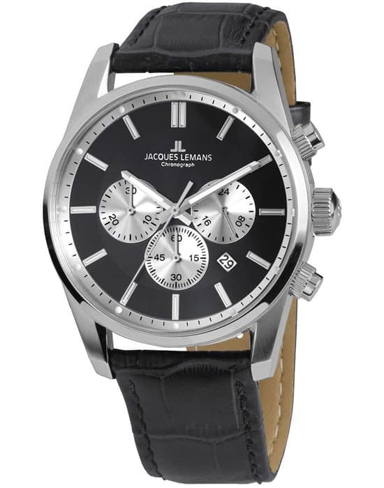 Jacques Lemans Jacques Lemans 42-6A  42-6A кварцевые мужские часы черный циферблат, браслет кожаный — вид спереди