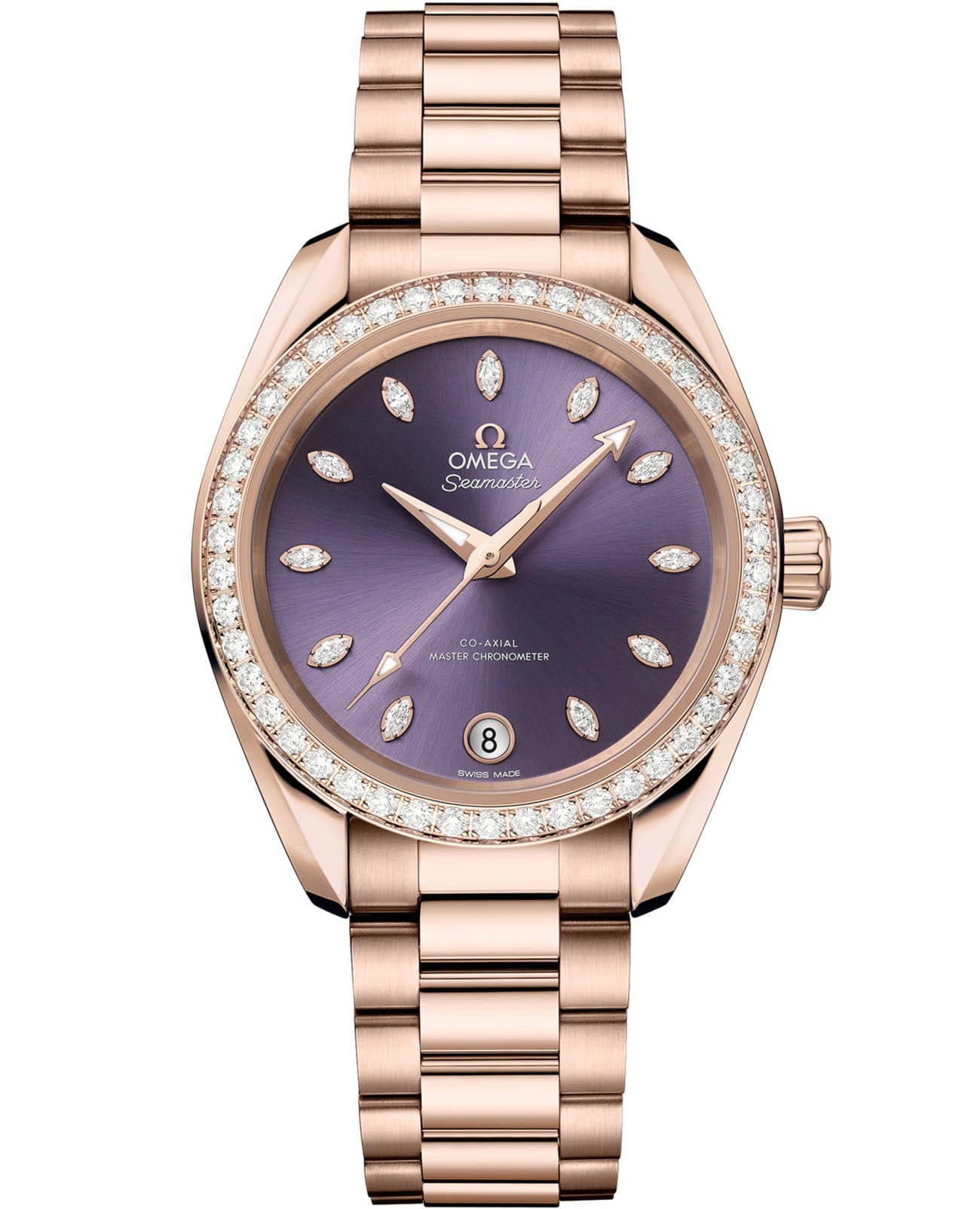 Omega Omega Seamaster Aqua Terra 220.55.34.20.60.001 Aqua Terra 22055342060001 механические женские часы фиолетовый циферблат, браслет 18-каратное красное золото — вид спереди