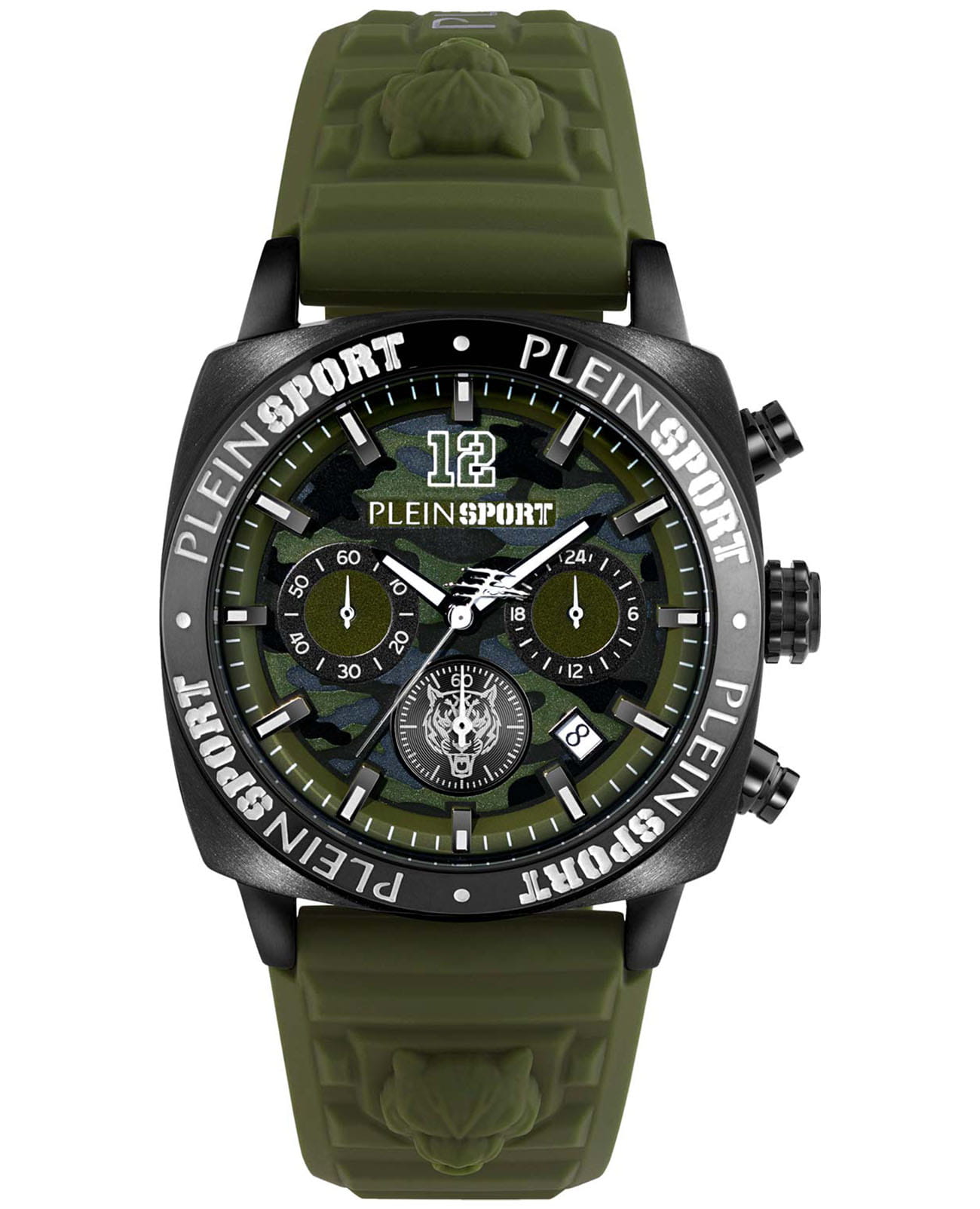 Plein Sport Plein Sport Wildcat PSGBA0223  PSGBA0223 кварцевые мужские часы зеленый циферблат, браслет силикон — вид спереди