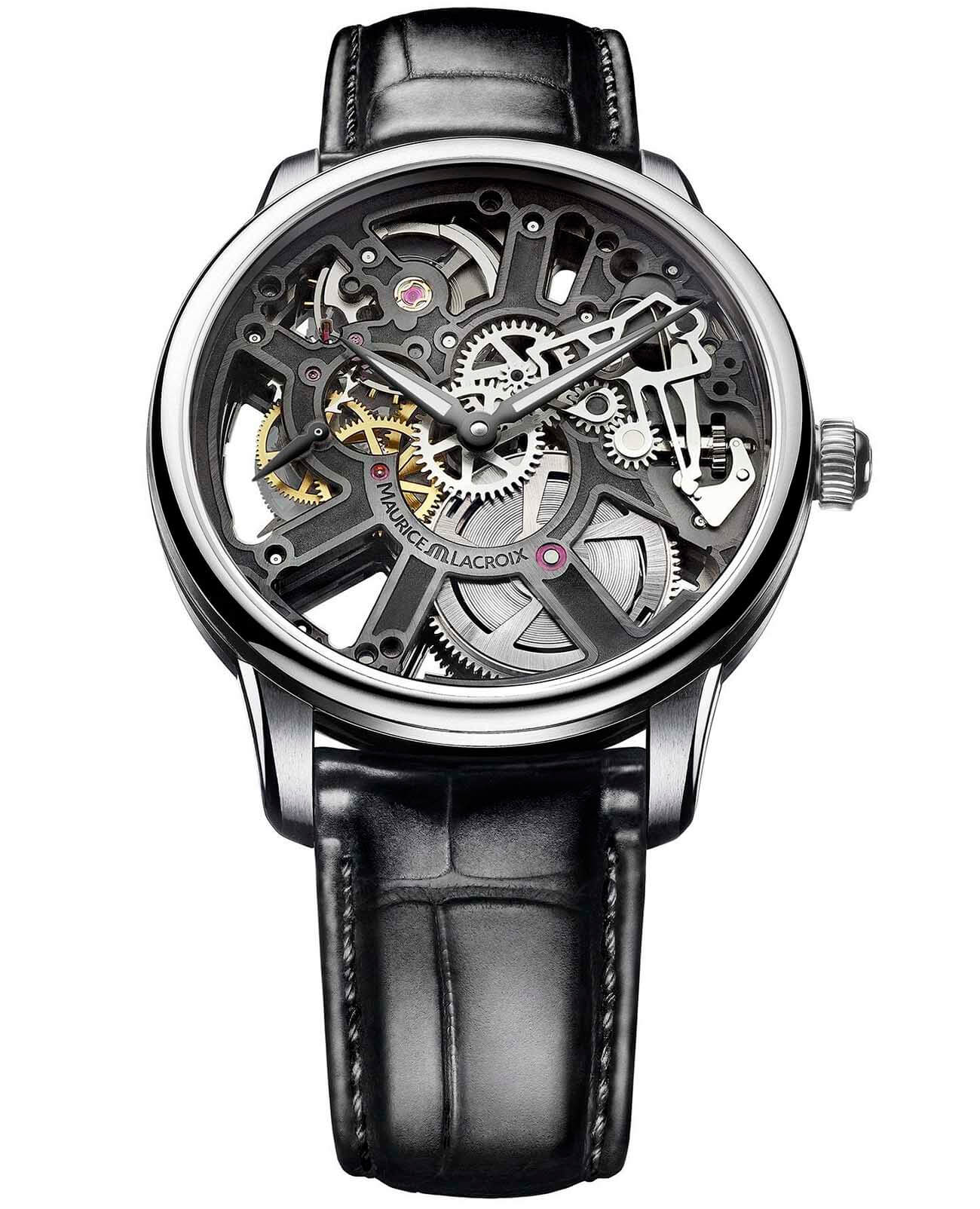Maurice Lacroix Maurice Lacroix Masterpiece Skeleton MP7228-SS001-000-1  MP7228-SS001-000-1 механические мужские часы черный циферблат, браслет кожаный — вид спереди