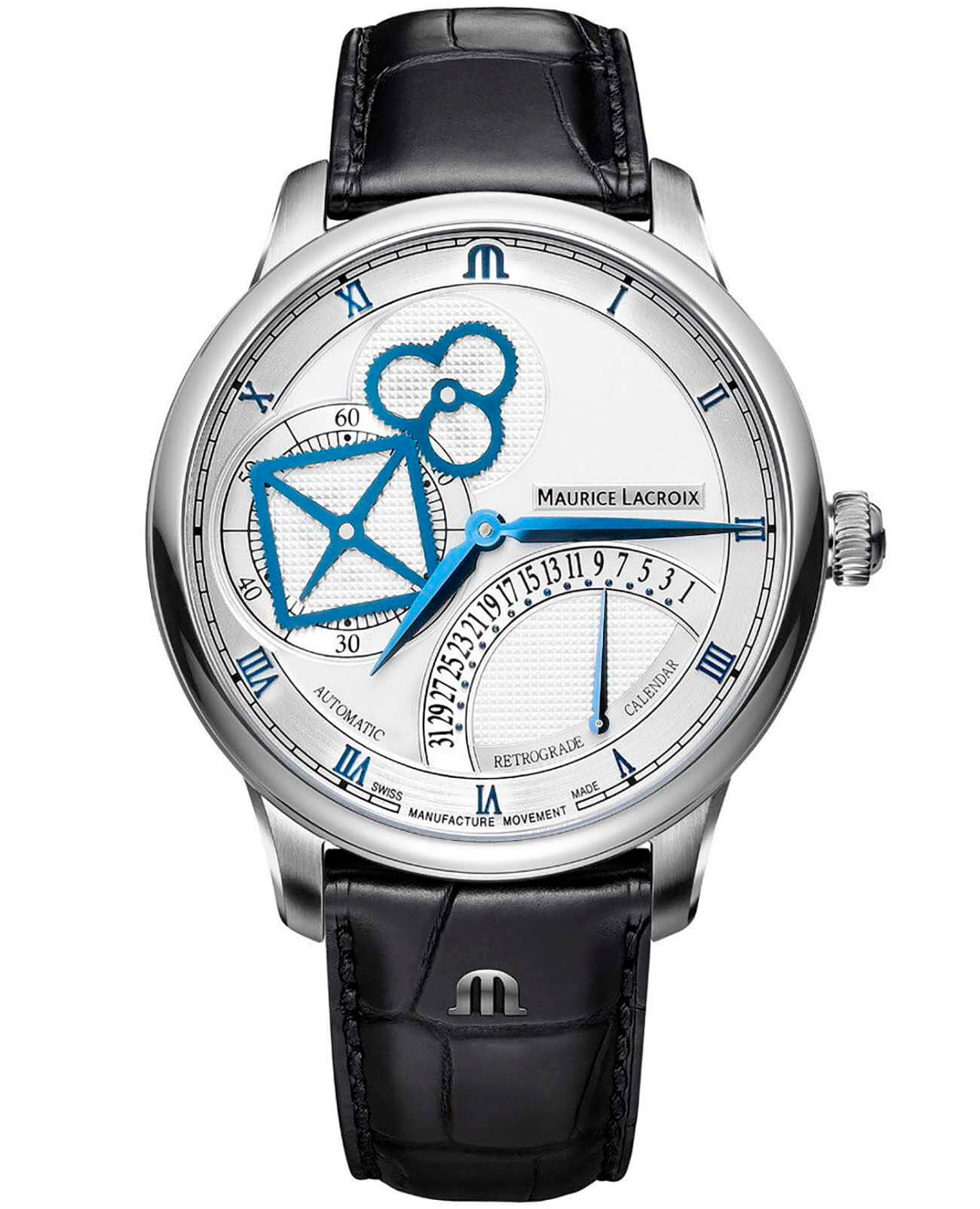 Maurice Lacroix Maurice Lacroix Masterpiece Square Wheel Retrograde MP6058-SS001-110-1  MP6058-SS001-110-1 механические мужские часы серебристый циферблат, браслет кожаный — вид спереди