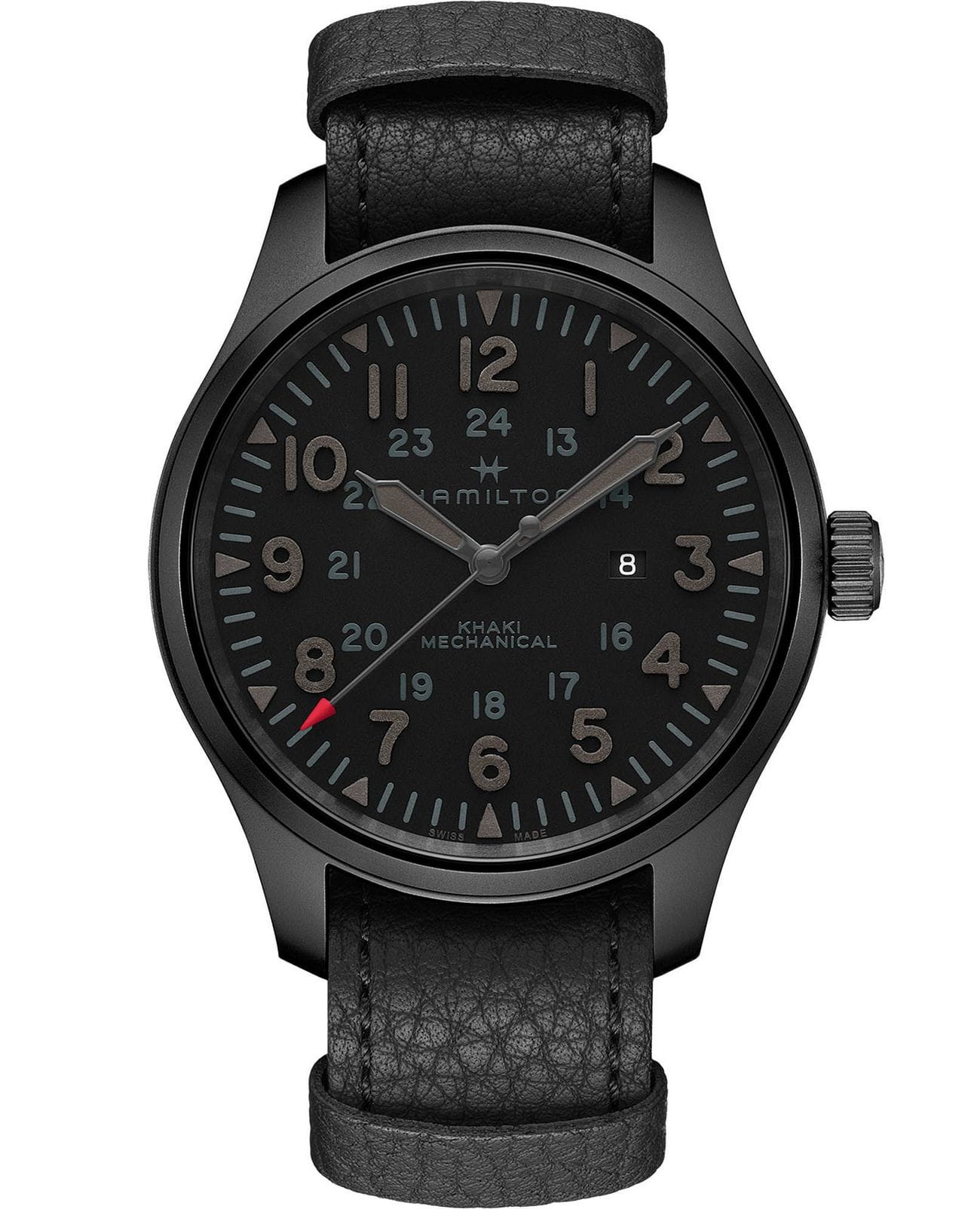 Hamilton Hamilton Khaki Field Mechanical H69809730  H69809730 механические мужские часы черный циферблат, браслет кожаный — вид спереди