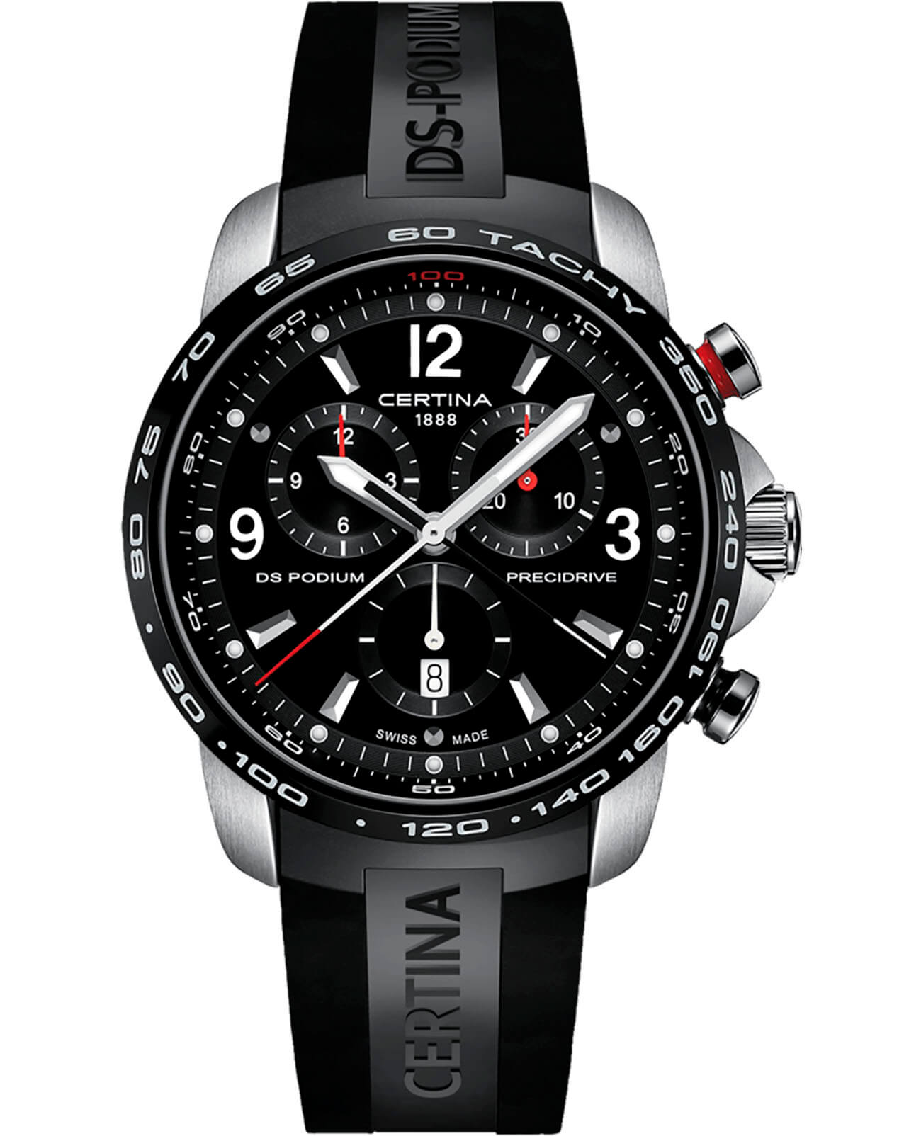 Certina Certina DS Podium Chronograph 1/100 sec C001.647.27.057.00  C0016472705700 кварцевые мужские часы черный циферблат, браслет каучук — вид спереди