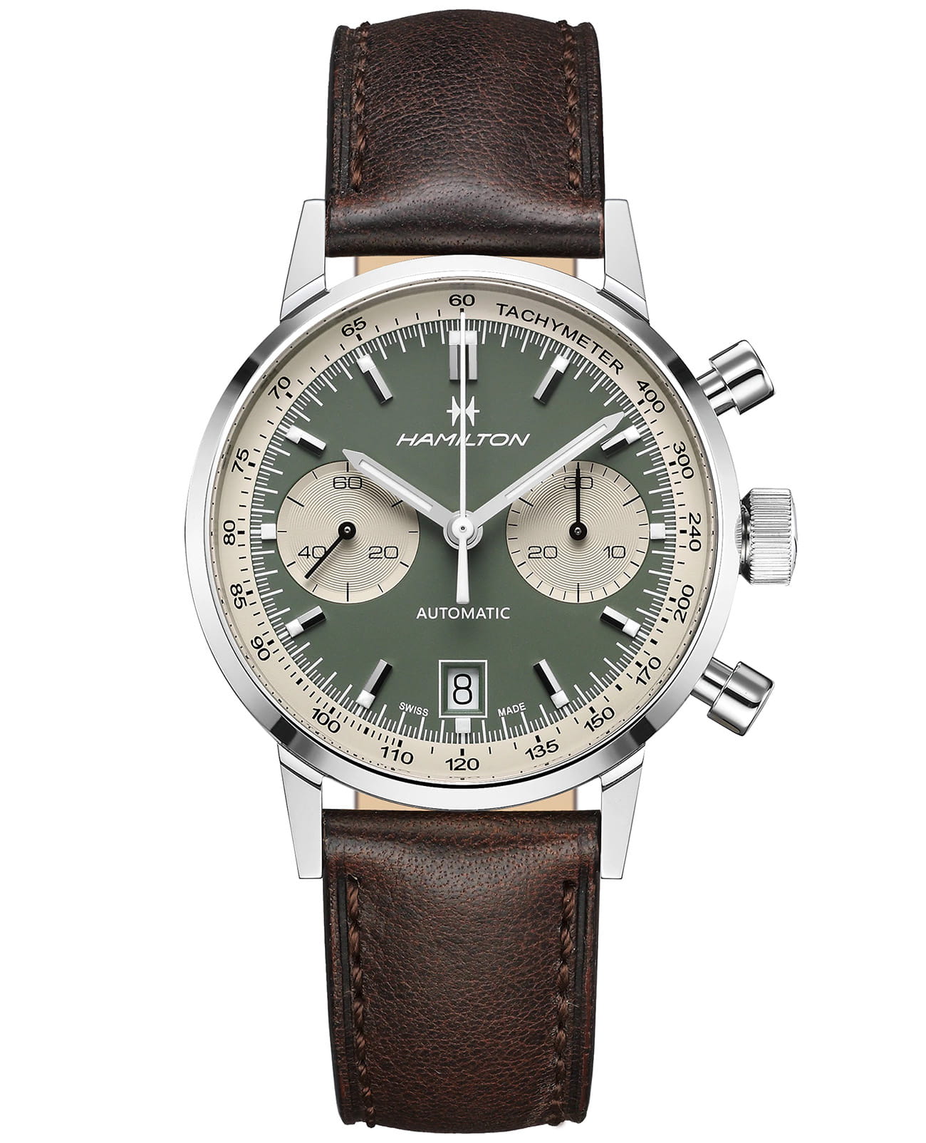 Hamilton Hamilton American Classic Intra-Matic Auto Chrono H38416560  H38416560 механические мужские часы зеленый циферблат, браслет кожаный — вид спереди