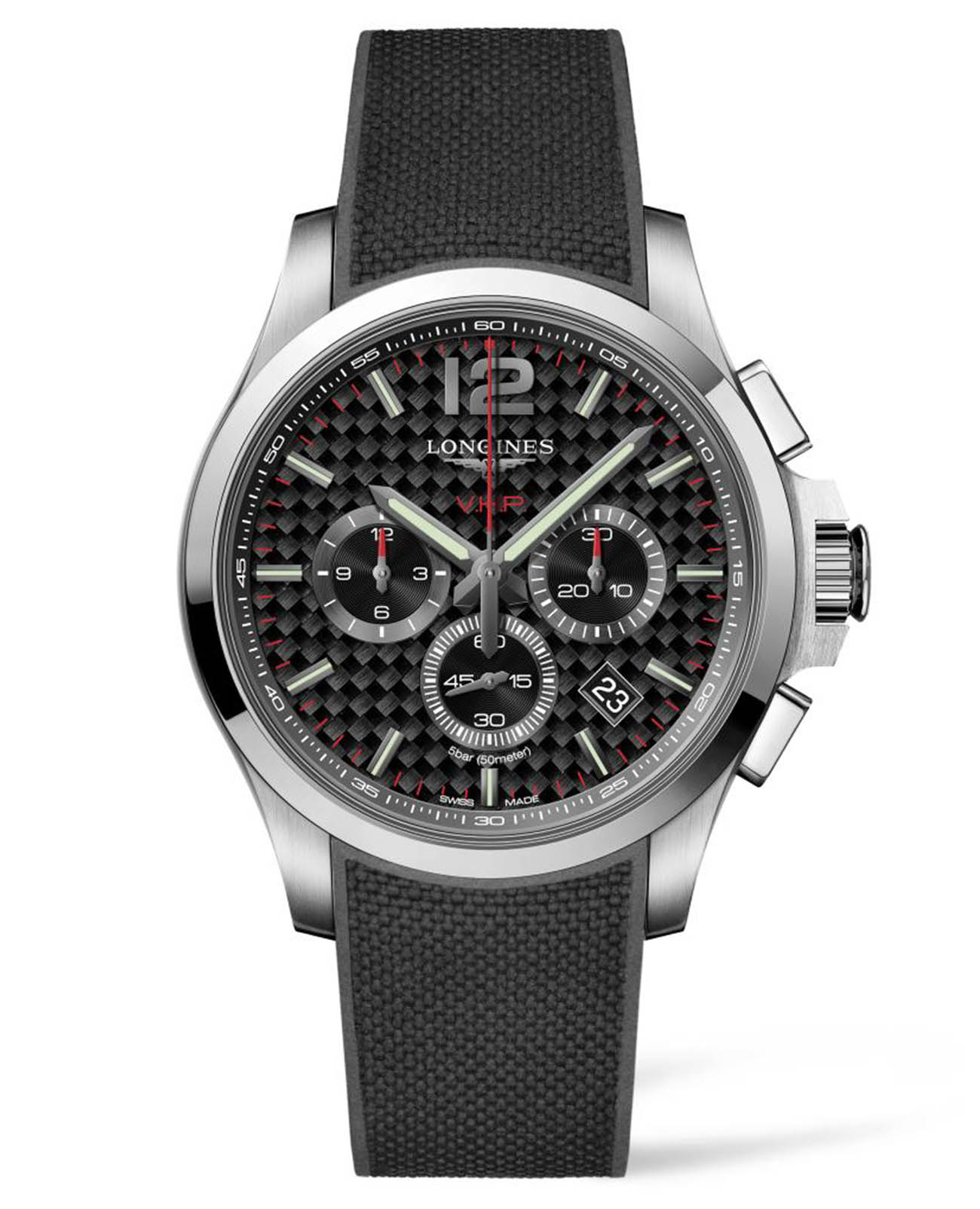Longines Longines Conquest V.H.P. L3.727.4.66.9  L37274669 кварцевые мужские часы черный циферблат, браслет каучук — вид спереди