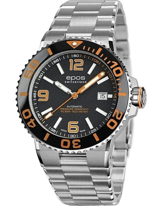 Epos Epos Diver 3441.131.99.52.30  3441.131.99.52.30 механические мужские часы черный циферблат, браслет нержавеющая сталь — вид спереди