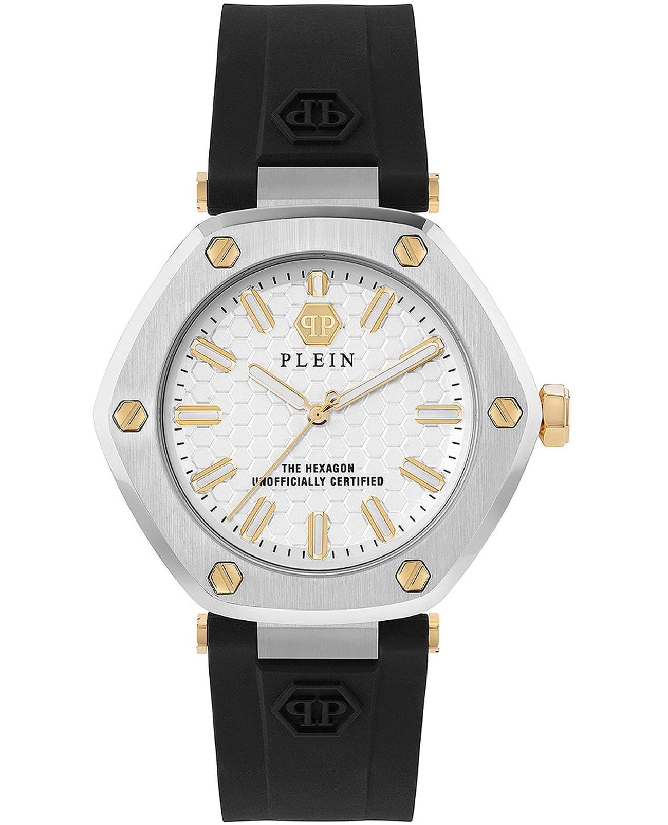 Philipp Plein Philipp Plein The Hexagon PW1BA0223  PW1BA0223 кварцевые женские часы серебристый циферблат, браслет силикон — вид спереди