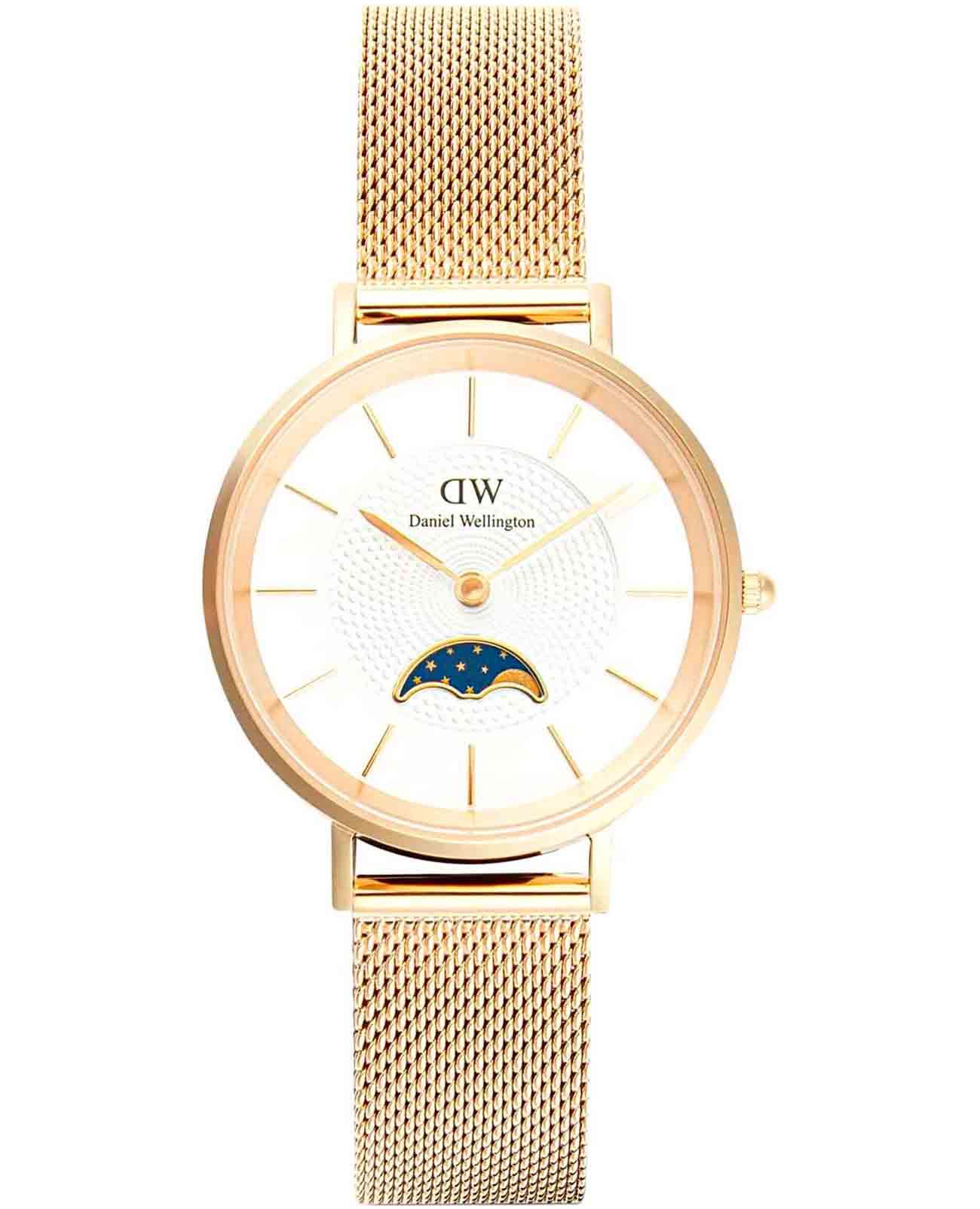 Daniel Wellington Daniel Wellington Petite Lune Melrose DW00100771  DW00100771 кварцевые женские часы белый циферблат, браслет нержавеющая сталь с pvd-покрытием — вид спереди