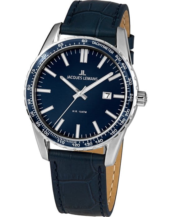 Jacques Lemans Jacques Lemans 1-2022D  1-2022D кварцевые мужские часы синий циферблат, браслет кожаный — вид спереди