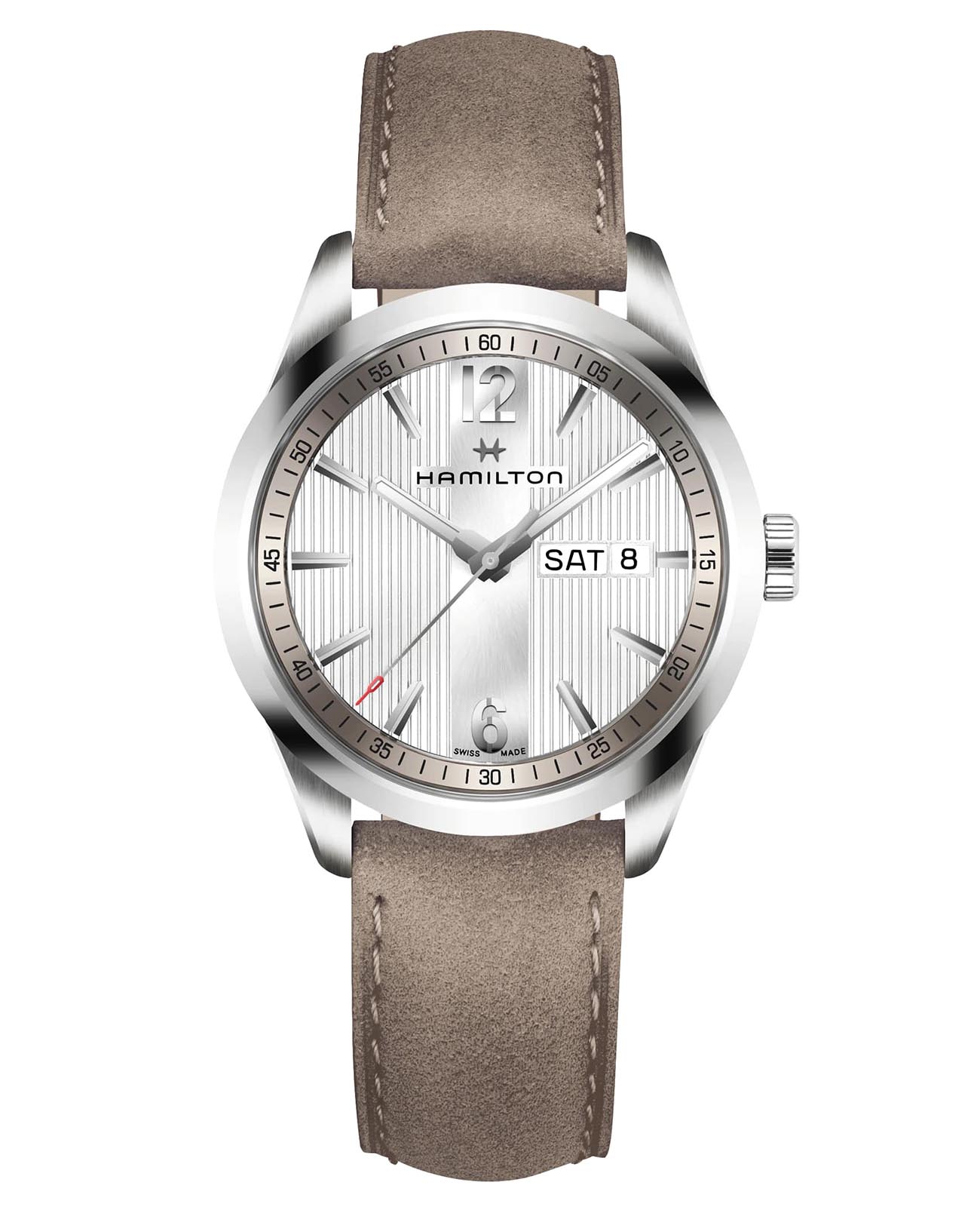 Hamilton Hamilton Broadway Day Date Quartz H43311915  H43311915 кварцевые мужские часы серебристый циферблат, браслет кожаный — вид спереди