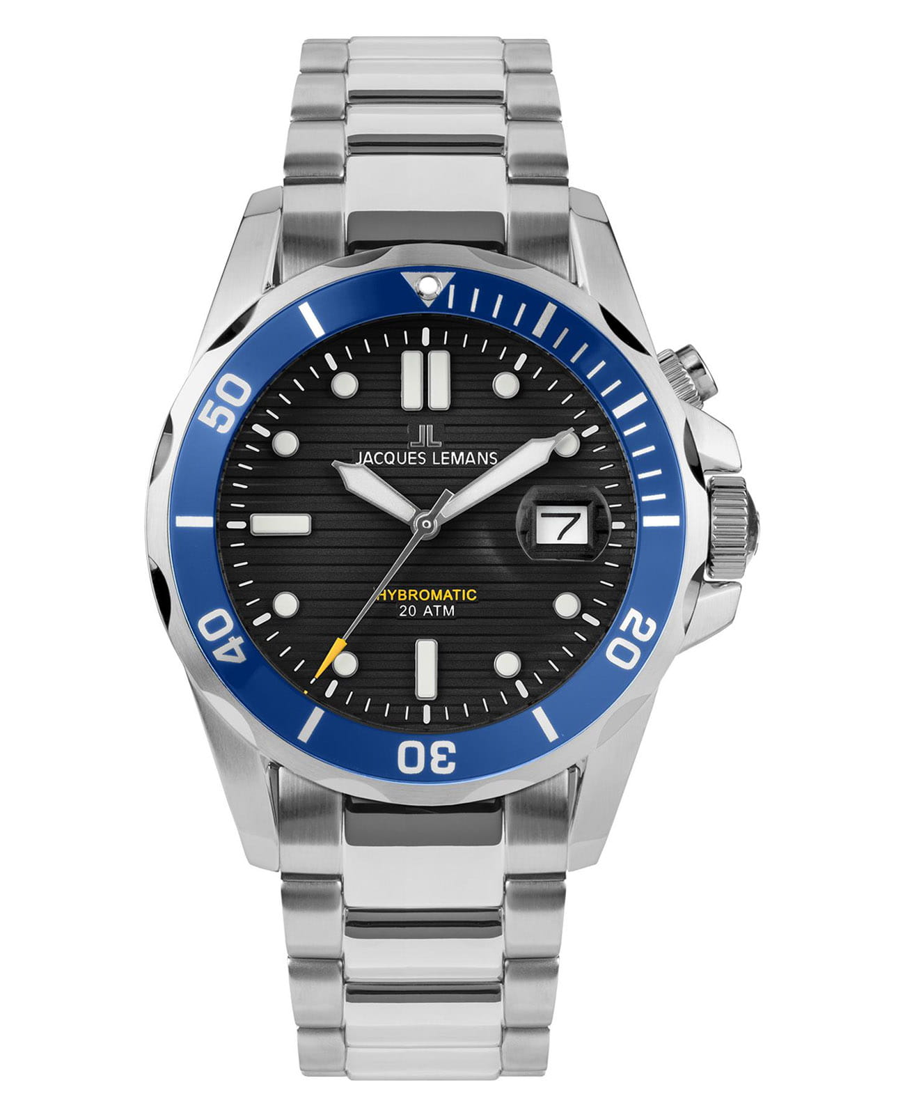 Jacques Lemans Jacques Lemans Hybromatic 1-2170J  1-2170J автокварц (кинетик) мужские часы черный циферблат, браслет нержавеющая сталь — вид спереди