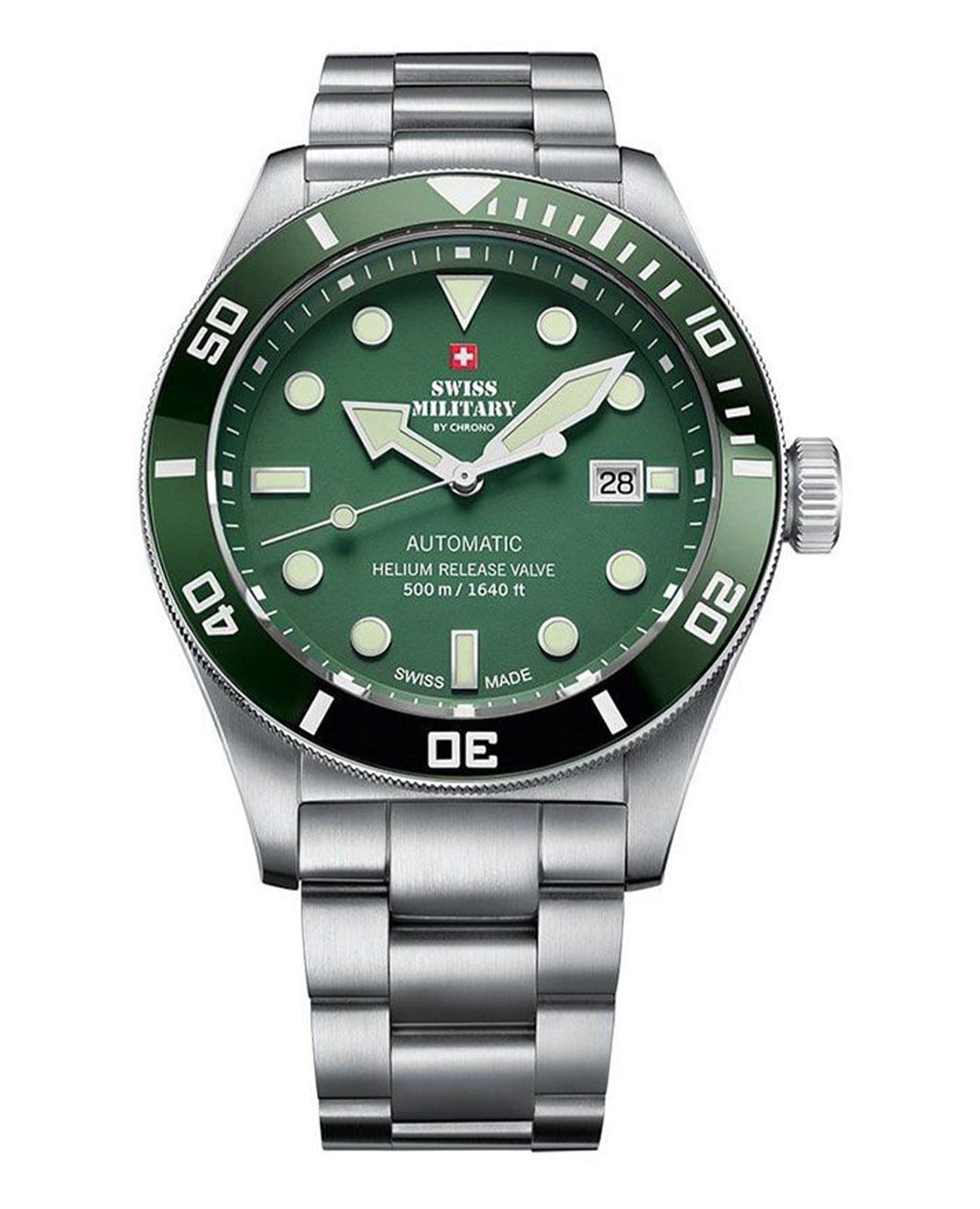 Swiss Military by Chrono Swiss Military by Chrono Diver Limited Edition SMA34075.03  SMA34075.03 механические мужские часы зеленый циферблат, браслет нержавеющая сталь — вид спереди