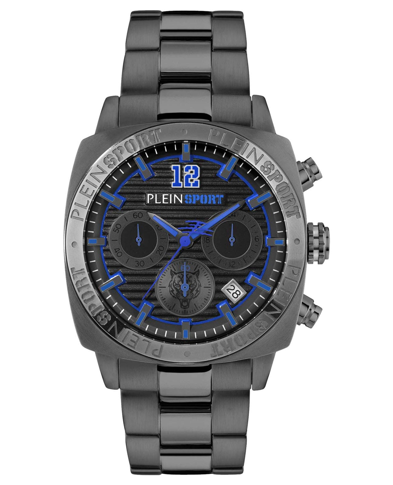 Plein Sport Plein Sport Wildcat PSGBA1323  PSGBA1323 кварцевые мужские часы серый циферблат, браслет сталь с ip покрытием — вид спереди