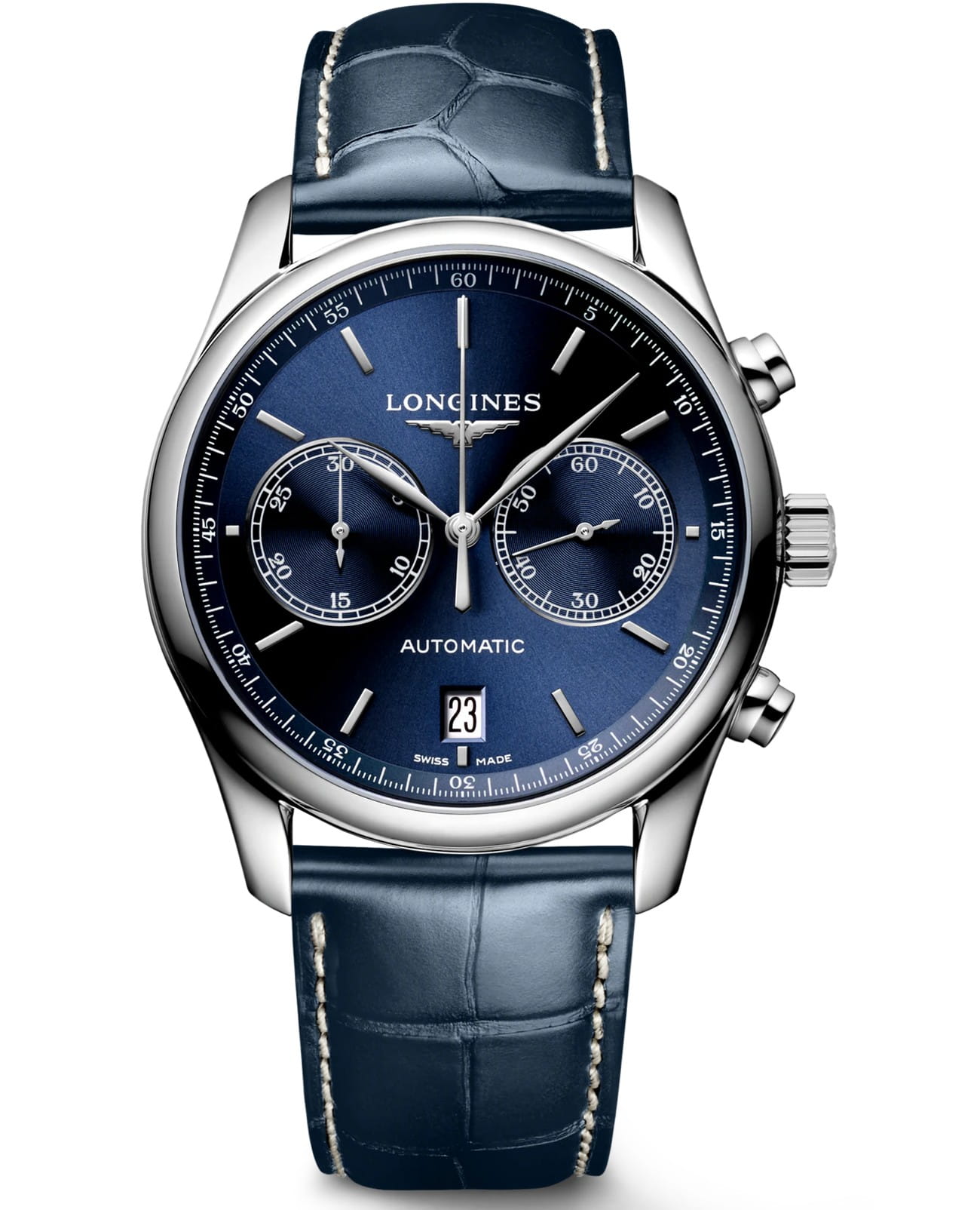 Longines Longines Master Collection L2.629.4.92.0  L26294920 механические мужские часы синий циферблат, браслет кожаный — вид спереди