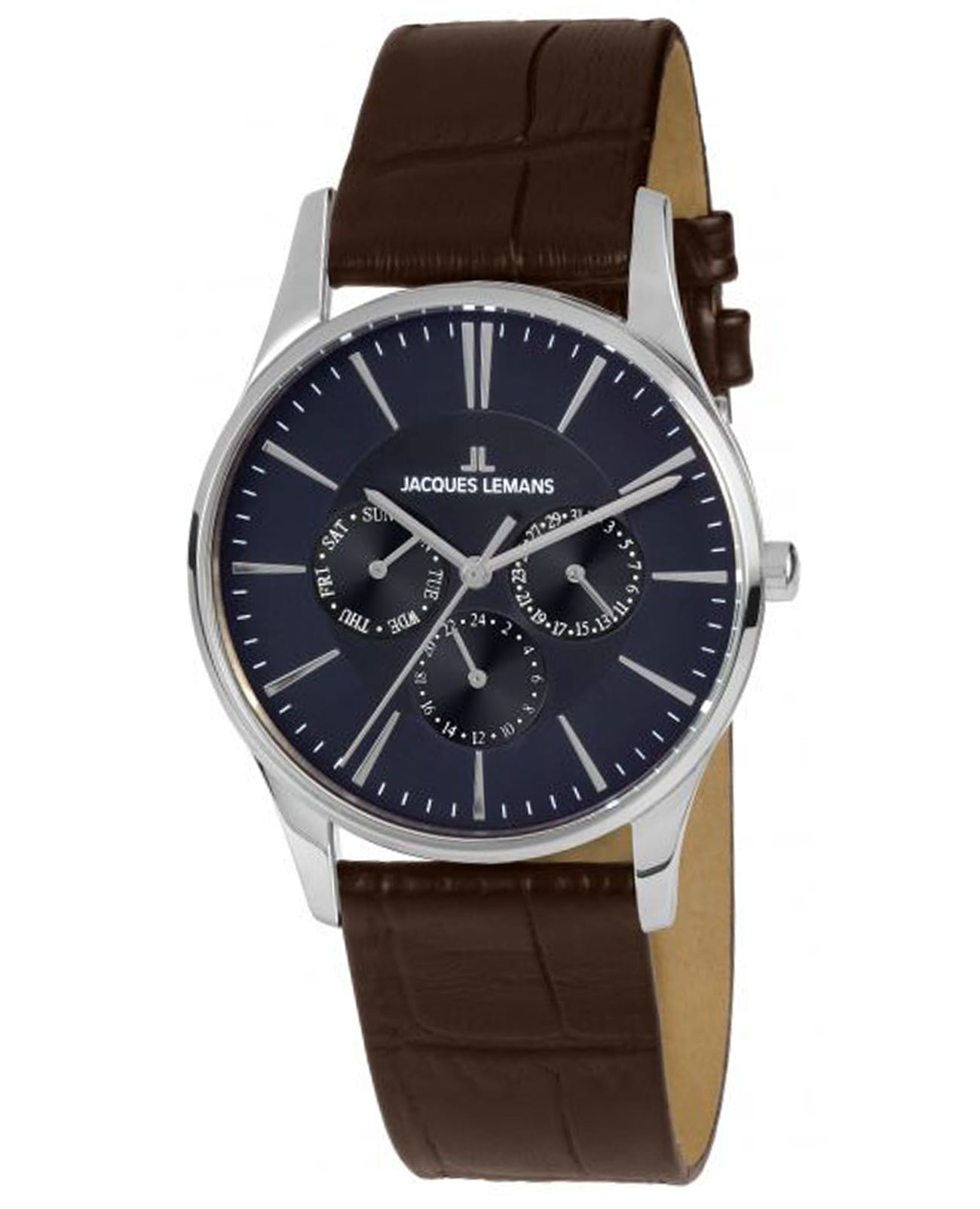 Jacques Lemans Jacques Lemans Classic 1-1951C  1-1951C кварцевые мужские часы синий циферблат, браслет кожа + текстиль — вид спереди