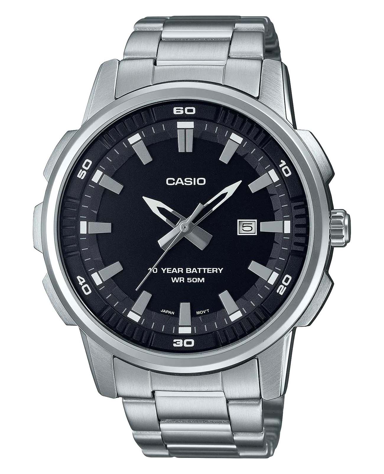 Casio Casio Collection MTP-E195D-1А  MTP-E195D-1А кварцевые мужские часы черный циферблат, браслет нержавеющая сталь — вид спереди