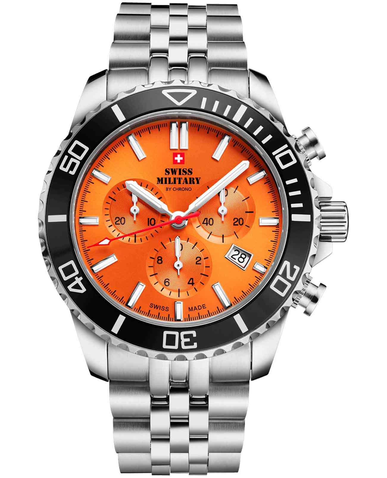 Swiss Military by Chrono Swiss Military by Chrono Sports Chronograph SM34103.05  SM34103.05 кварцевые мужские часы оранжевый циферблат, браслет нержавеющая сталь — вид спереди