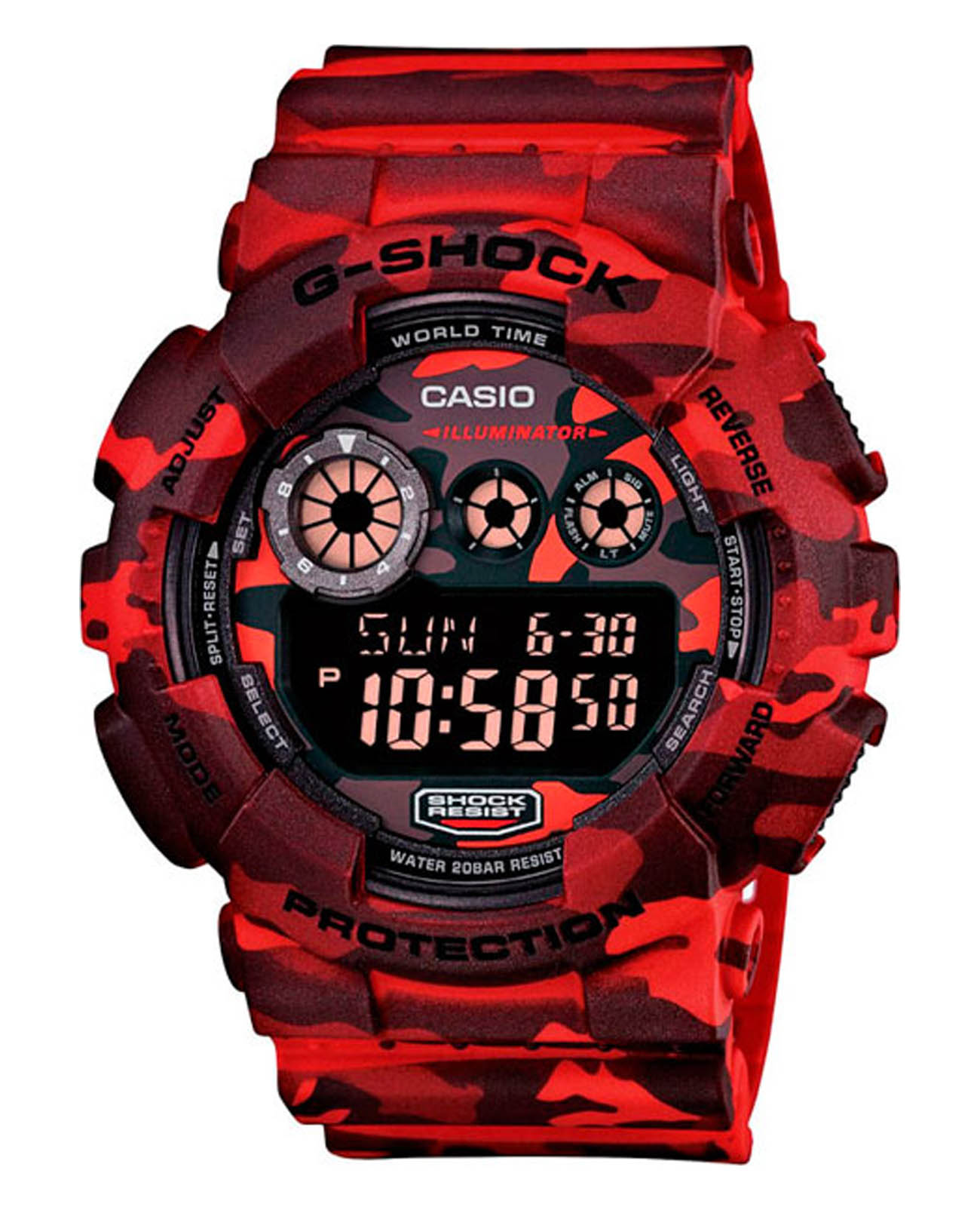 Casio Casio G-Shock GD-120CM-4DR  GD-120CM-4DR электронные мужские часы красный циферблат, браслет пластик — вид спереди