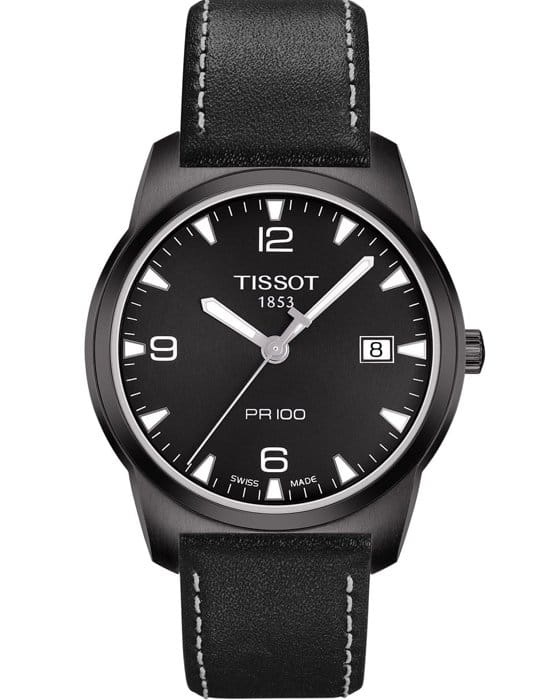 Tissot Tissot PR 100 T049.410.36.057.00 PR 100 T0494103605700 кварцевые мужские часы черный циферблат, браслет кожаный — вид спереди