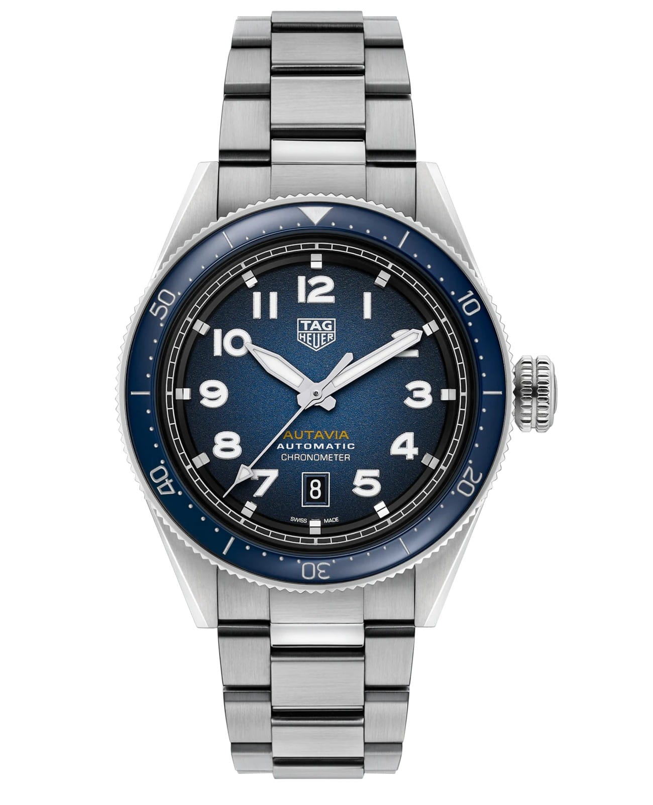 TAG Heuer TAG Heuer Autavia WBE5116.EB0173  WBE5116.EB0173 механические мужские часы синий циферблат, браслет нержавеющая сталь — вид спереди